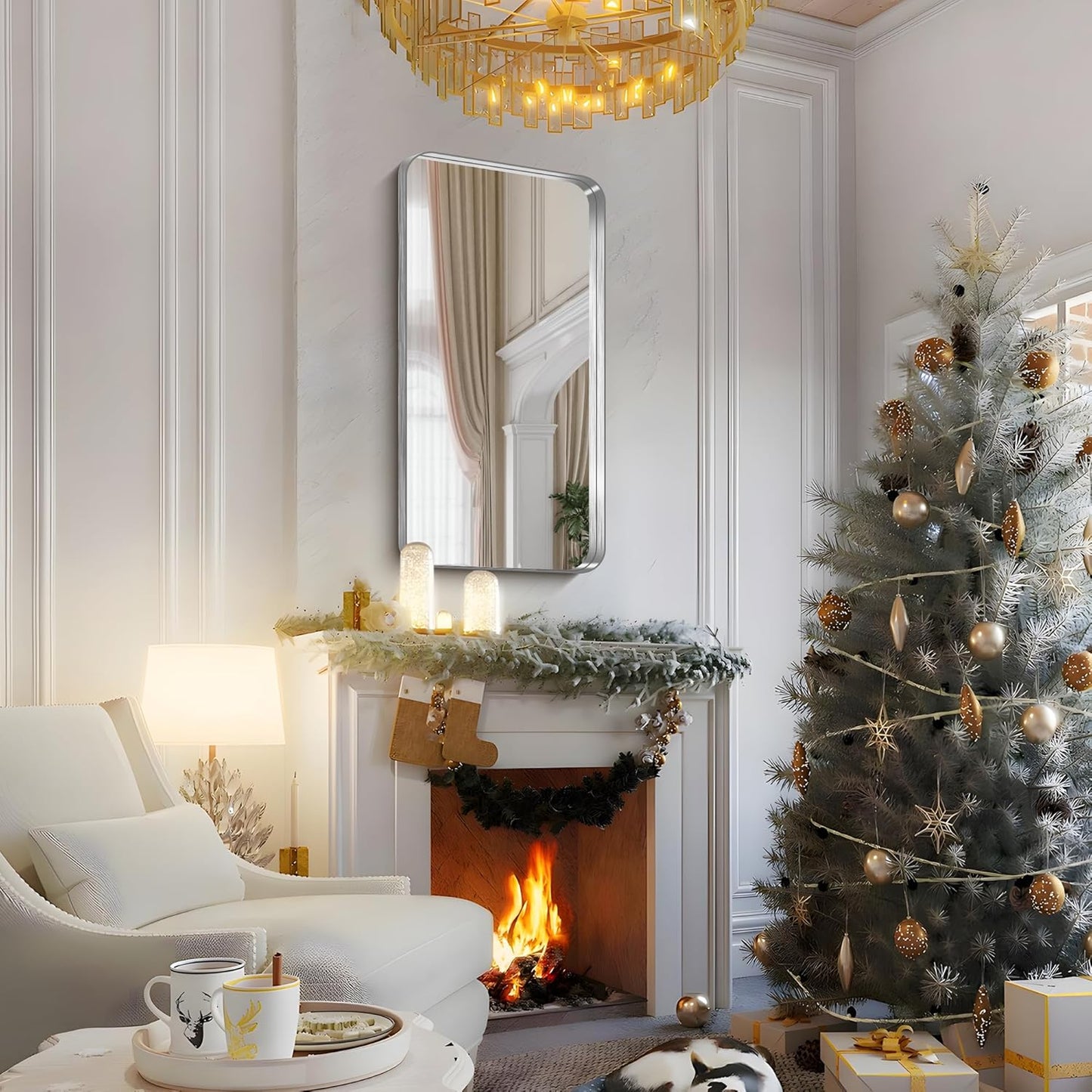 FORBATH 24x48 Inch Bathroom Mirror, Brushed Silver Deep Frame Narrow Full Length Wall Mirror with Rounded Corners, Anti-Rust Tempered Glass for Modern Farmhouse Vanity (Horizontal/Vertical)