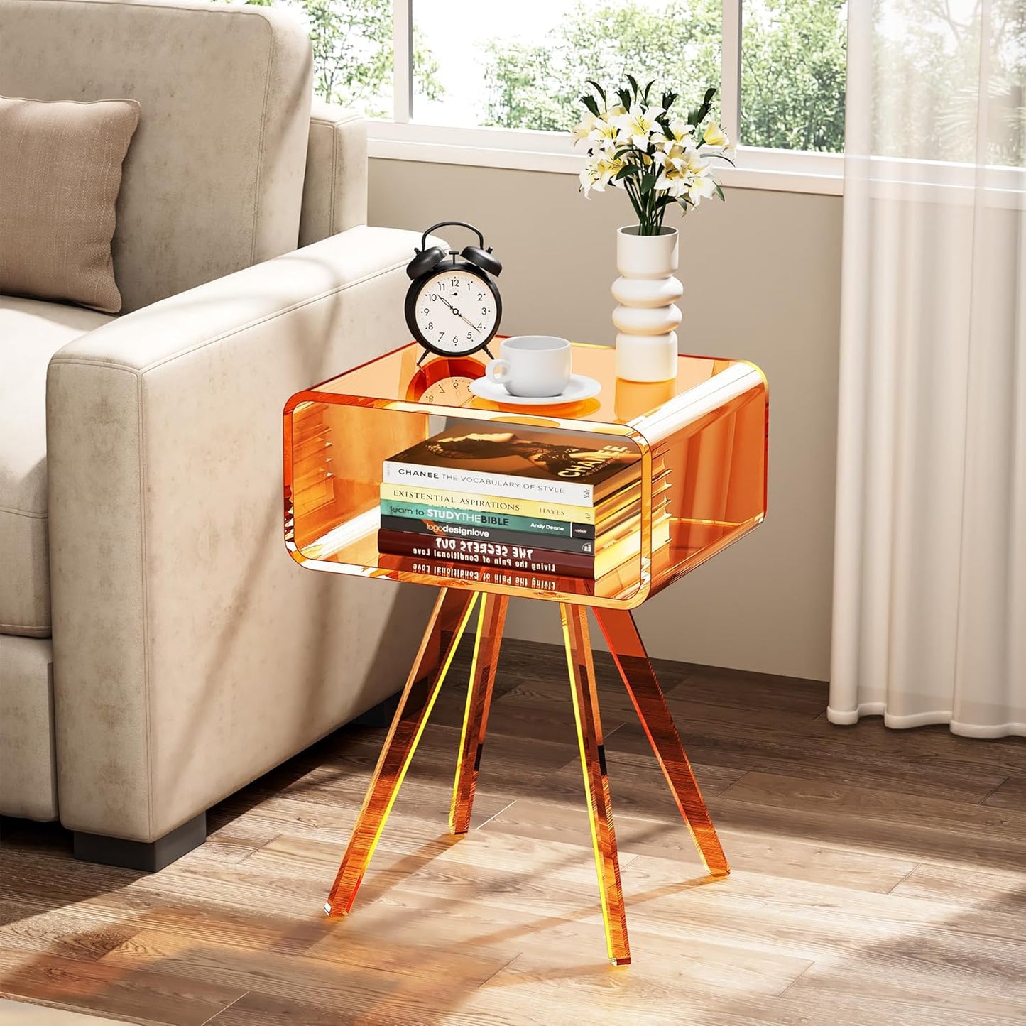 Acrylic Side Table, Acrylic Nightstand Bedside Table for Bedroom (Orange, 16.5'' x 11.8'' x 21.6'')