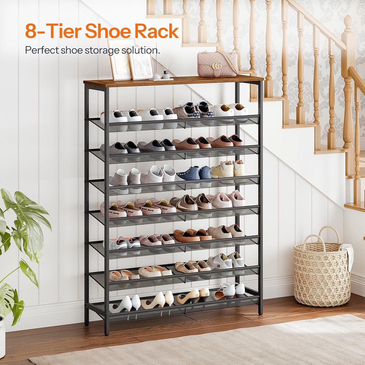 HOOBRO 8 Tier Shoe Rack, 39.4"L Shoe Shelf, Large Capacity Shoe Storage Organizer for 30+ Pairs of Shoes, Front Door Entrance, Entryway, Hallway, Closet, Space Saver, Rustic Brown and Black BF118XJ01