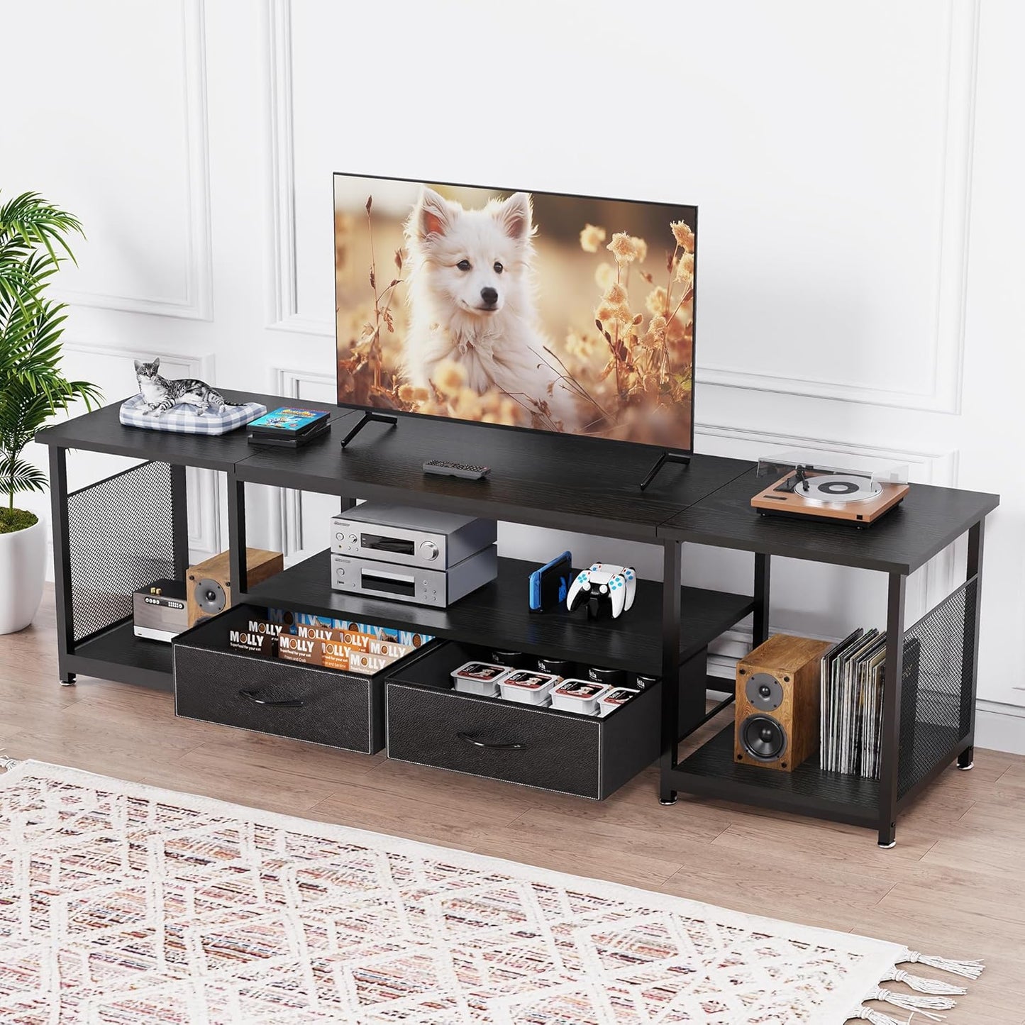 TV Stand with Drawers and Open Storage Shelves for 75 70 65 Inch TV, Entertainment Center with Open Storage Shelves, Industrial Media TV Console Table for Living Room Bedroom Office, Black