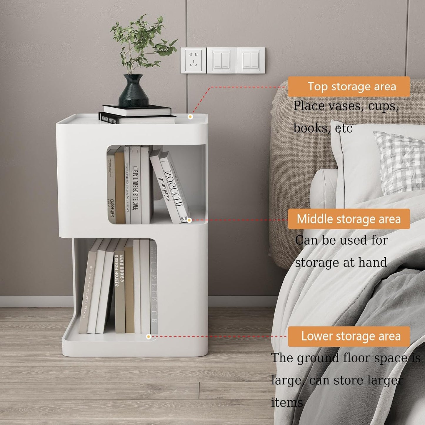 White Side Table, Modern Nightstand Metal End Table for Living Room Bedroom,Square Bedside Table-3 Tier Storage,Not Assemble Required
