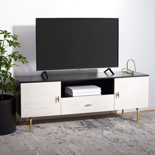 SAFAVIEH Genevieve TV Stand for up to 65" Flatscreen – Black & White Washed Finish, Mid-Century Modern Storage Cabinet, Entertainment Media Console (MED5000B)