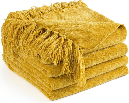 Chenille Throw Blanket for Couch 50"X 60", Soft Cozy Throws with Fringe Tassel for Bed Sofa Chair Cover, Lightweight Knitted Decorative Boho Blankets for Living Room, Yellow