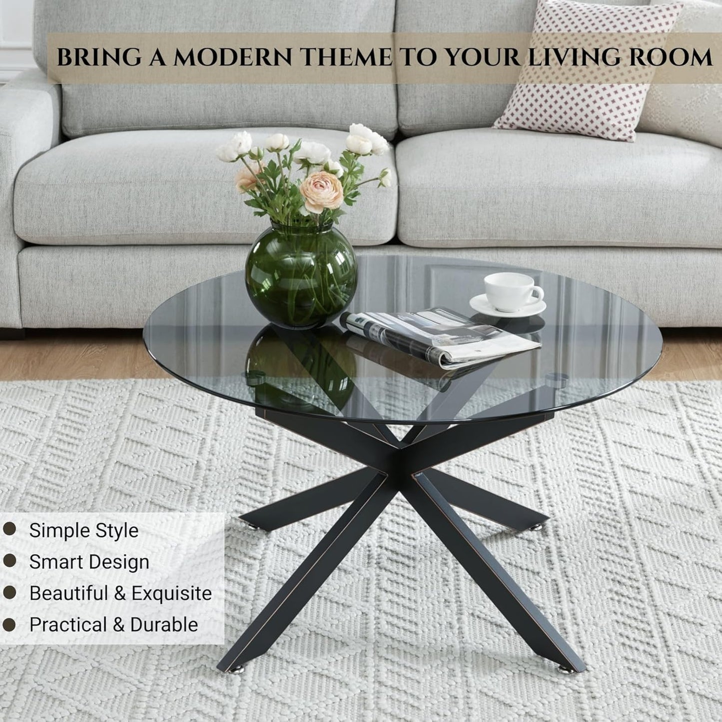 Round Glass Coffee Tables for Living Room, Home Office, Modern & Simple Center Table with Gray Tempered Glass Top, 35.5" Wx19.7 H Black