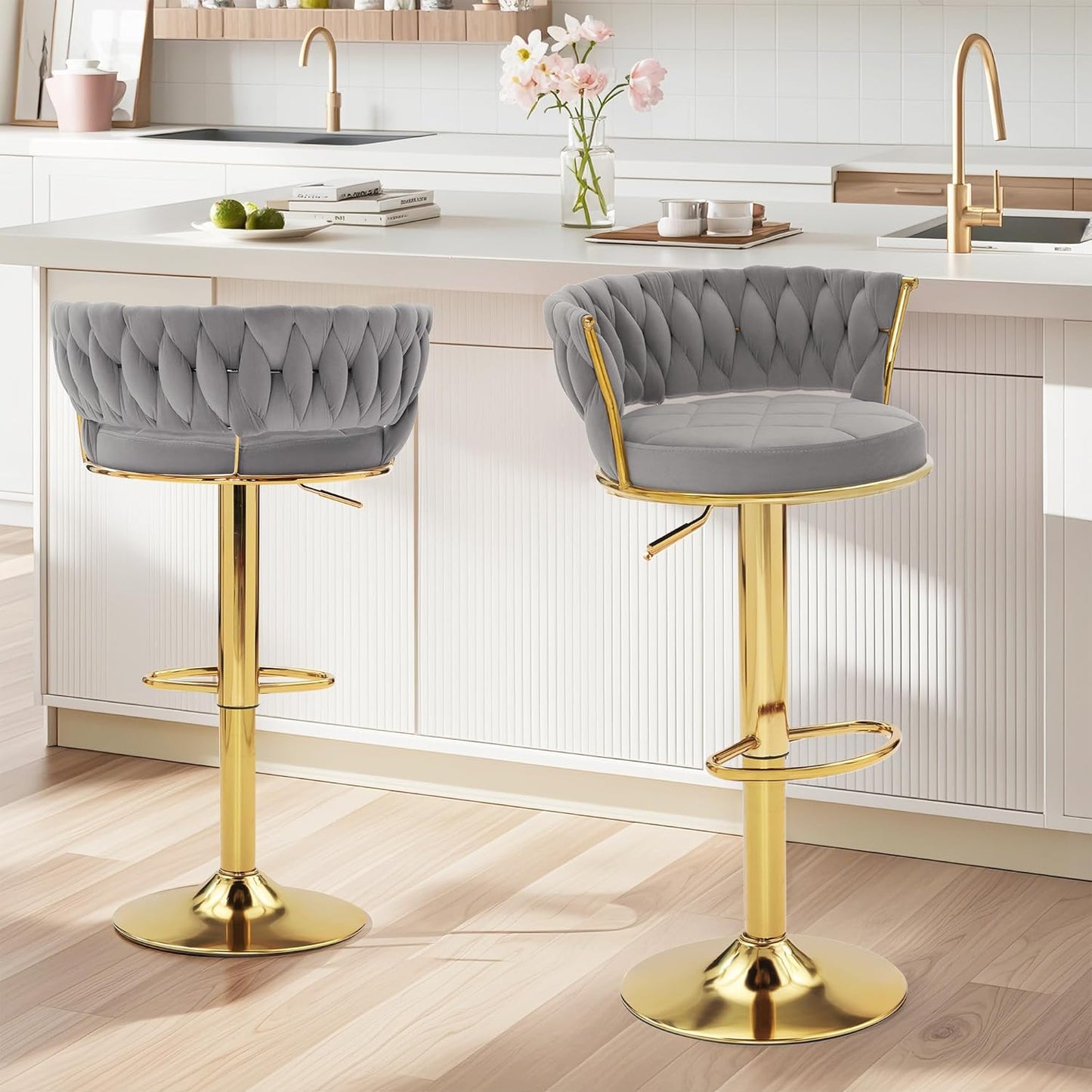 VECELO Bar Stools Set of 2, Adjustable Barstools Counter Height Stools with Back and Arm, Velvet Woven Kitchen Island Stools w/Gold Metal Leg & Base, 360° Swivel Bar Chair, Light Grey