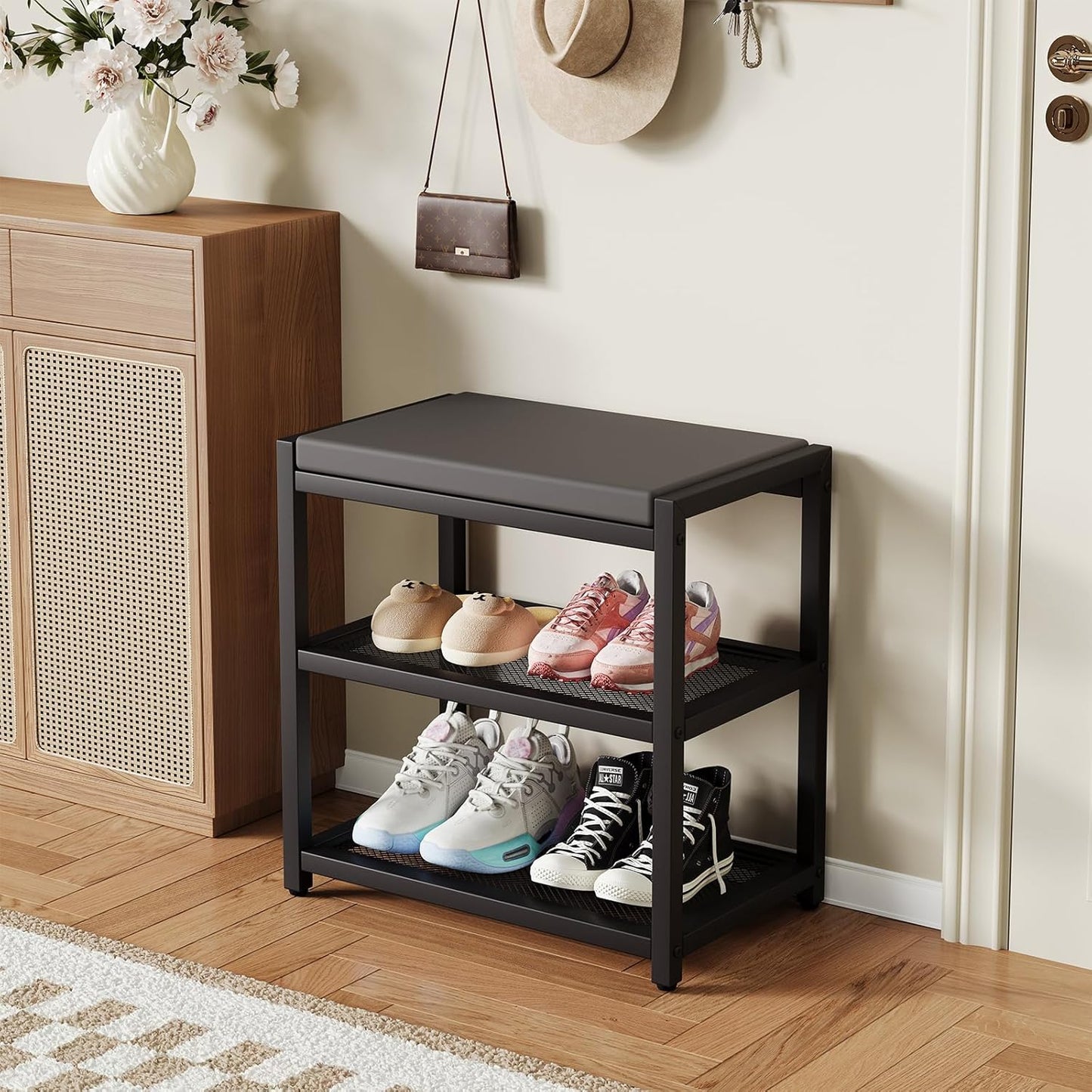 ZHOOGE Small Shoe Bench Shoe Rack Storage Bench Entryway Bench Shoe Shelf with Seat Cushion, Stable Shoe Organizer for Entryway, Living Room, Bench Seat Holds Up to 300 lb, (17"x 10"x 16", L x W x H)