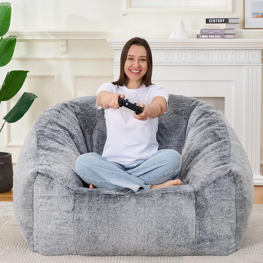 Bean Bag Chairs for Adults, Giant Beanbag Sofa Comfy Reading Chair, Oversized Bean Bag Chairs for Living Room Bedroom, Soft Faux Fur Fabric, 3.2FT, Dark Grey, Plush