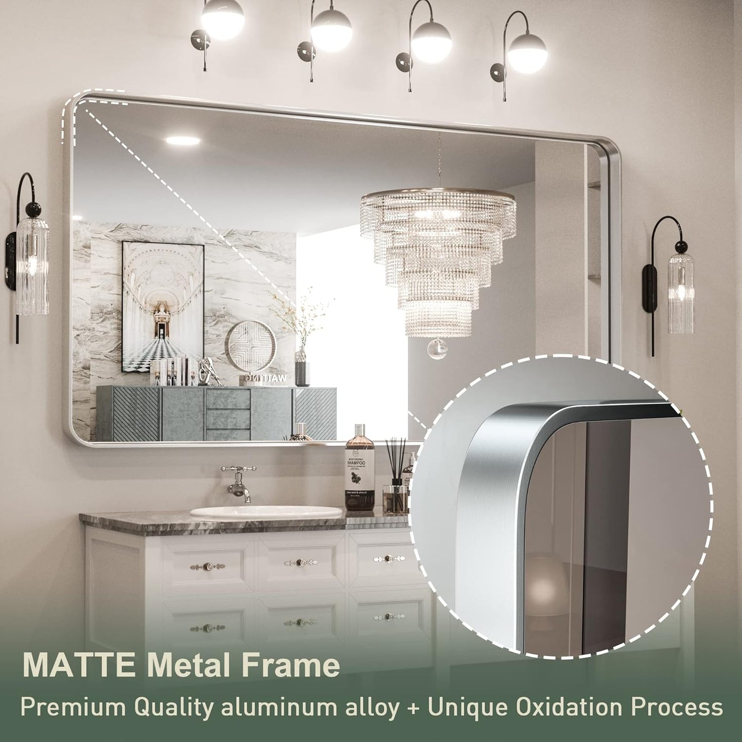 TokeShimi 60 x 36 Inch Brushed Silver Bathroom Mirror for Wall Brushed Brass Metal Rounded Corner Rectangle Mirror Metal Frame Deep Set Design Hangs Horizontal Or Vertical