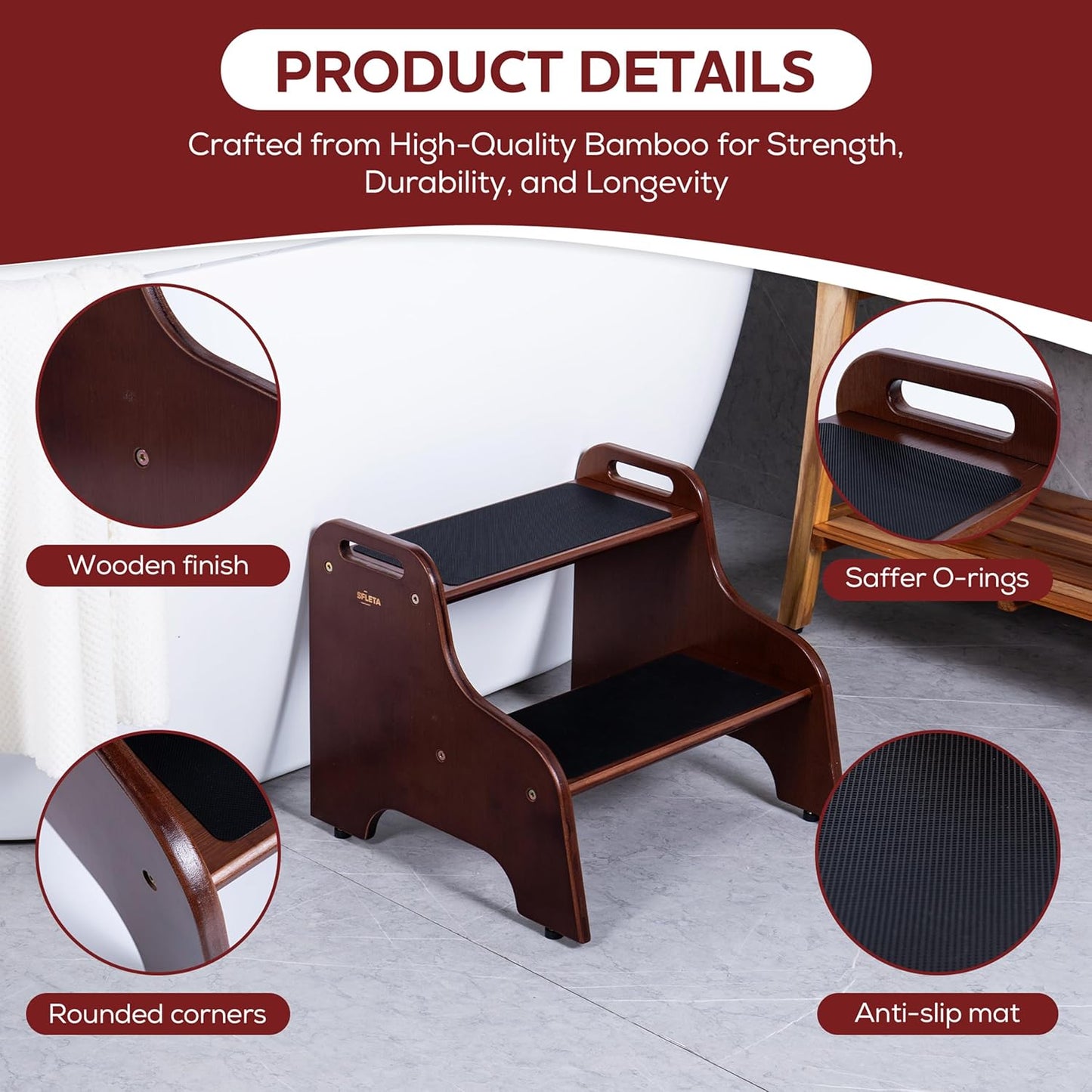 2-Step Wooden Step Stool for Adults & Kids – Non-Slip Bed, Bathroom, Kitchen, and Closet Use – Heavy-Duty Portable Step with Handles – 400 lb Capacity