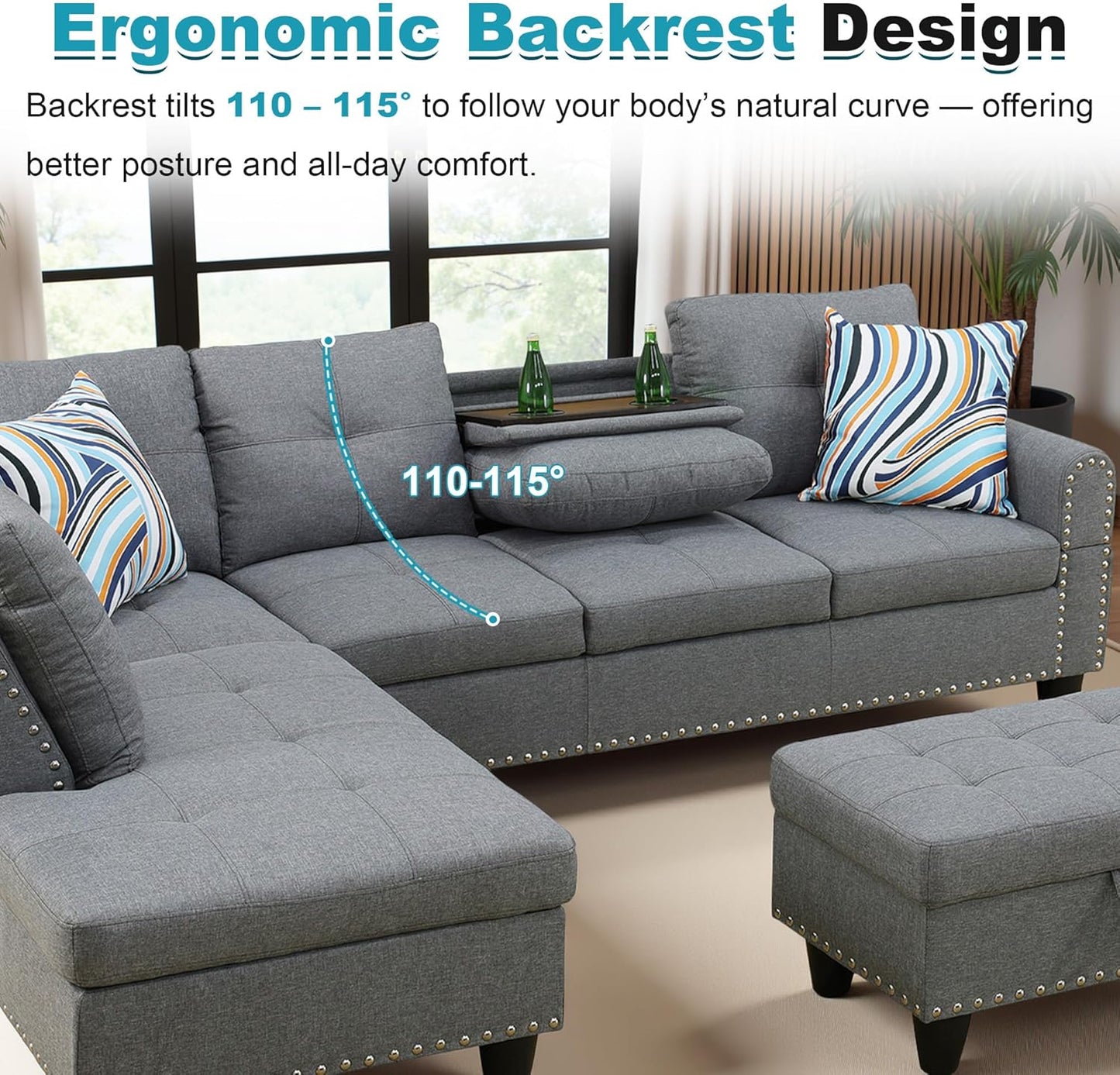 97.5" Oversized Sectional Couch, L Shaped Couch with Storage Ottoman, Modern Modular Sofa with Deep Seat, Sectional Couches for Living Room and Office, Grey (Linen)