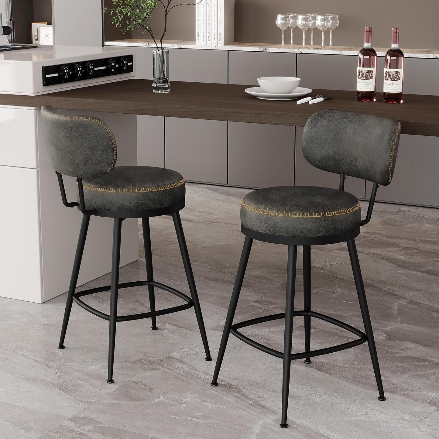 Counter Height Bar Stools, 26" H Swivel Barstools Set of 2, Faux Leather Kitchen Counter Stools with Back and Stylish Stitching, Metal Frame, Pub, Home Bar, Black Grey