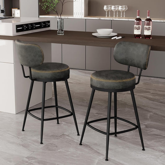 Counter Height Bar Stools, 26" H Swivel Barstools Set of 2, Faux Leather Kitchen Counter Stools with Back and Stylish Stitching, Metal Frame, Pub, Home Bar, Black Grey