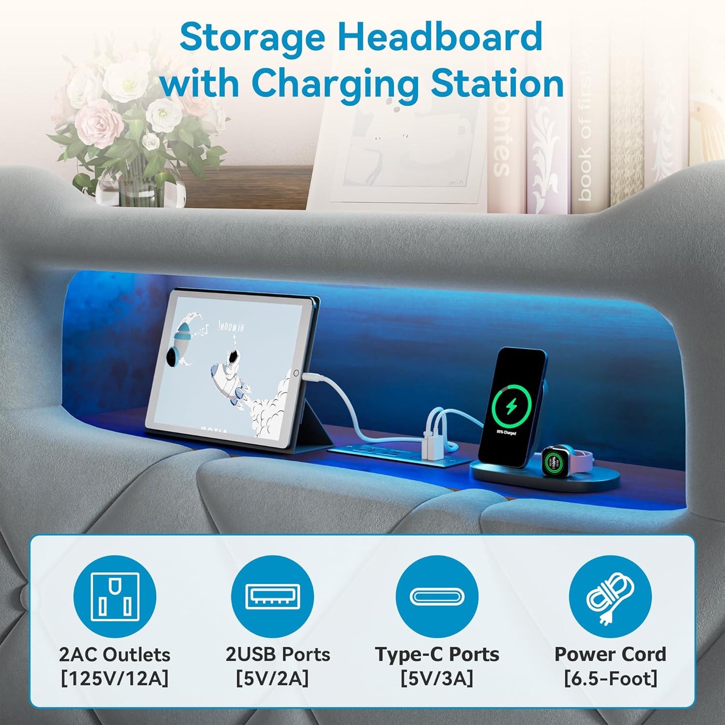 Twin Upholstered LED Bed Frame with 2 Storage Drawers and 2-Tier Storage Bookcase Headboard, Velvet Platform Bed for Kids/Girls/Boys, Heavy Duty Metal Support, No Box Spring Needed, Grey