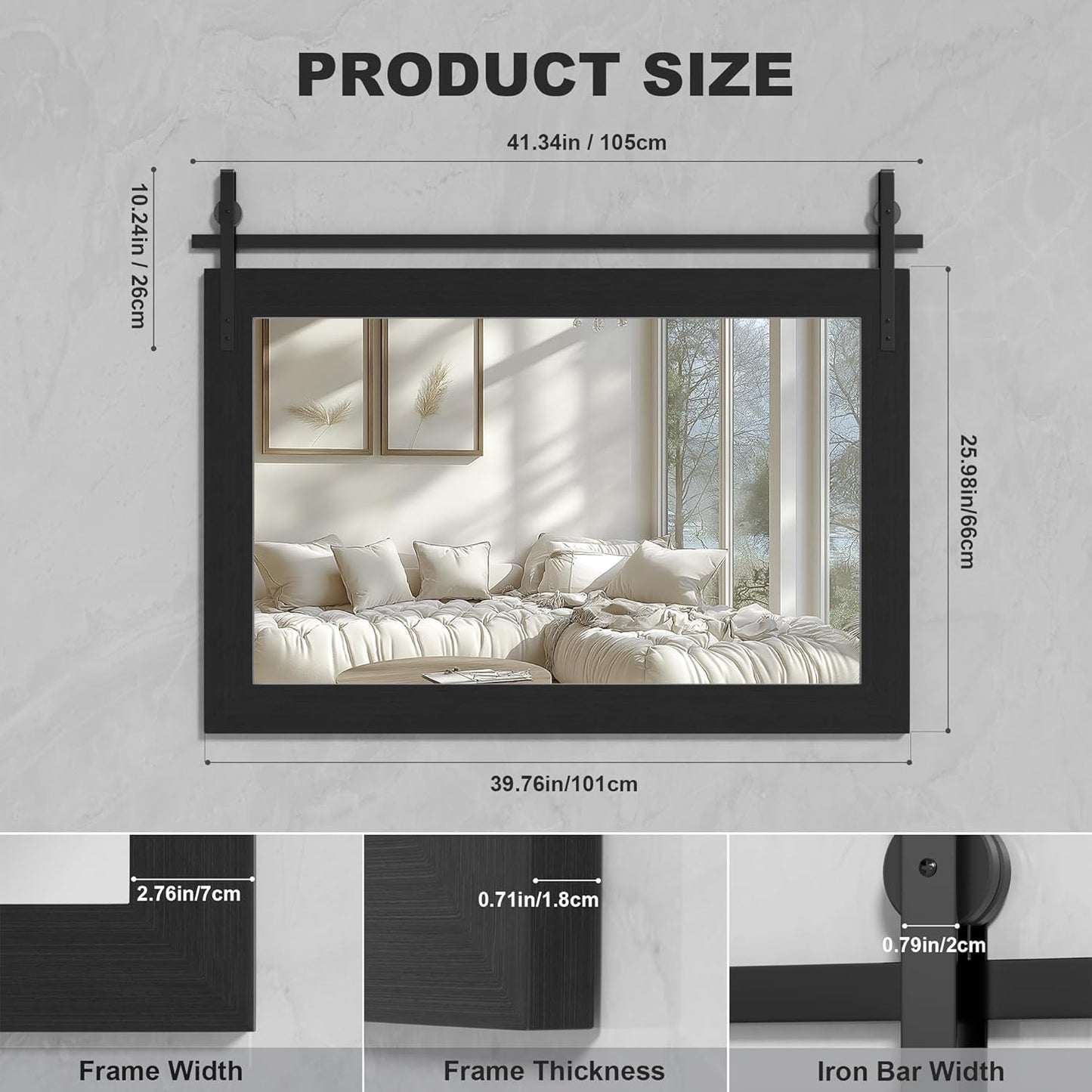 Hasipu Farmhouse Bathroom Mirror, 40"x26" Rustic Wood Framed Wall Mounted Mirror, Black Vintage Vanity Mirror Barn Door Style Decrative Mirrors