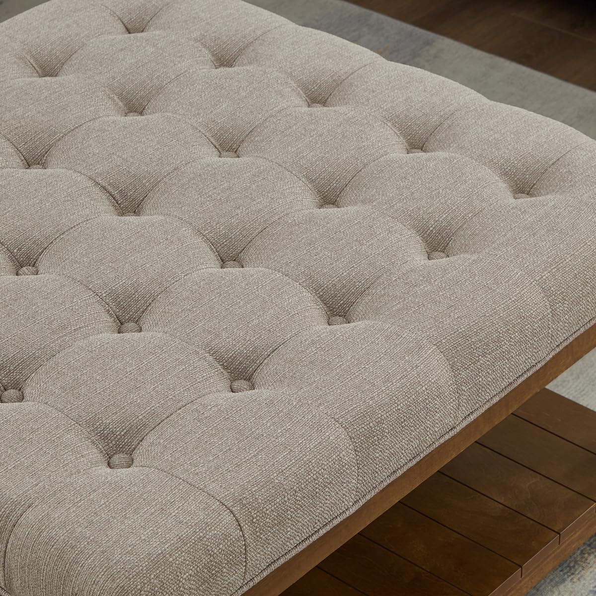 24KF Upholstered Square Coffee Table with Wooden Shelf, Tufted Button Large Square Ottoman with Spindle Wooden Legs, Linen Large Footrest Ottoman Pouf for Living Room, Linen