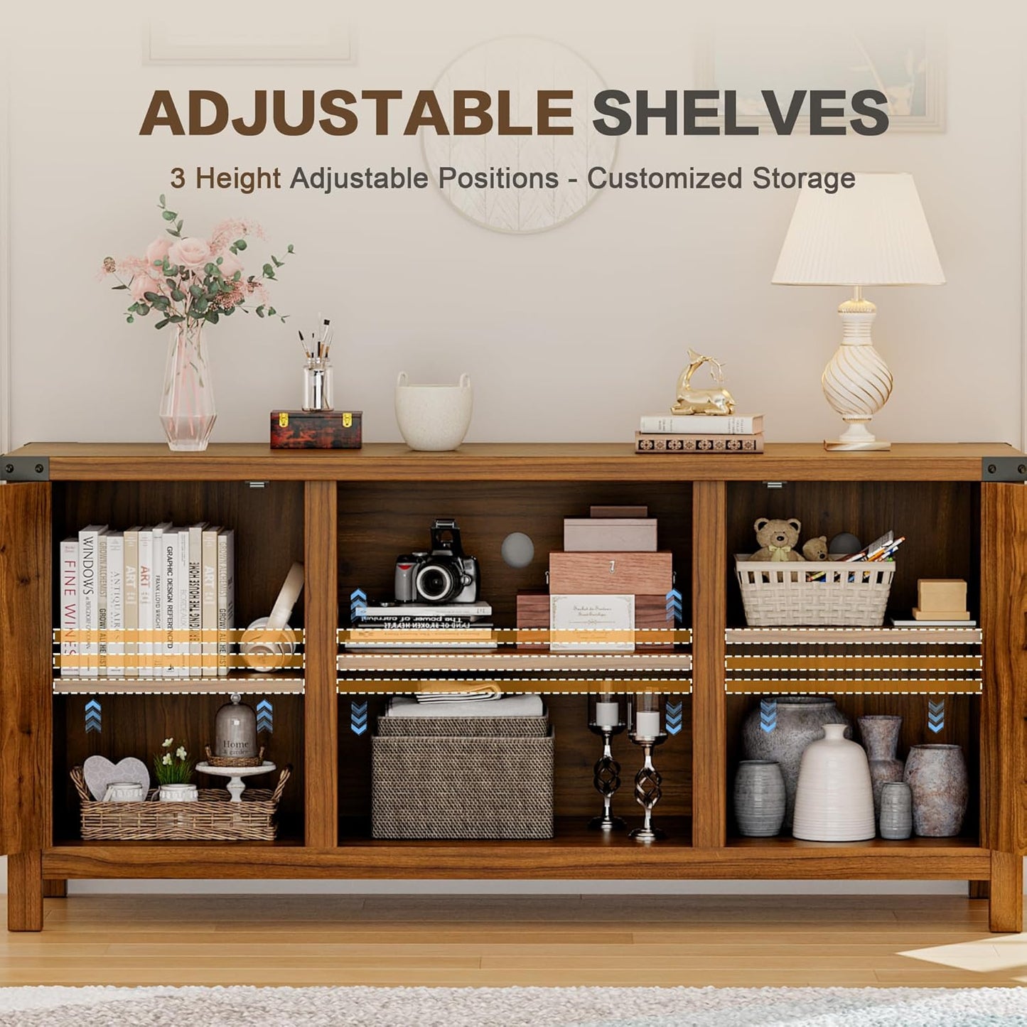 YESHOMY Farmhouse Buffet & Sideboard, 58" Kitchen Storage Cabinet with Adjustable Shelves & Doors, Wood Coffee Bar for Living Room, Entryway, Brown