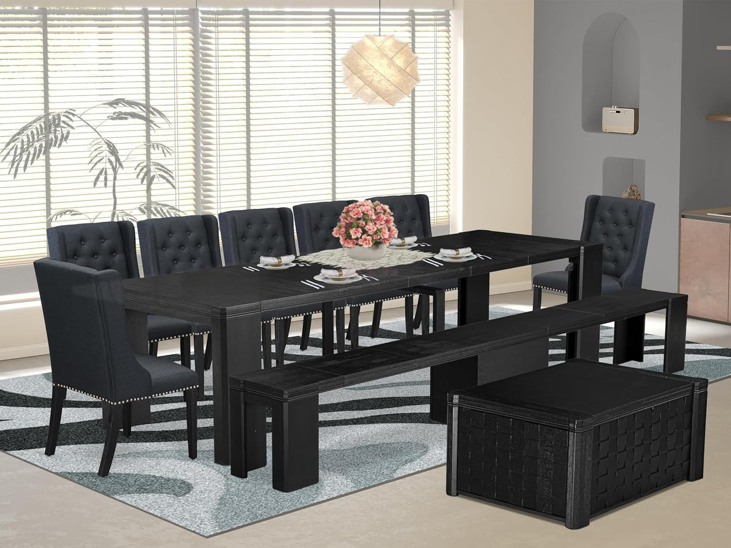 X07FO-BC6-24 - 10-piece Dining Table Set a Kitchen Table with a coffee Table and a wooden Bench and 7 Black Linen Fabric Dining Chair, 39x120 Inch, Wire Brushed Black