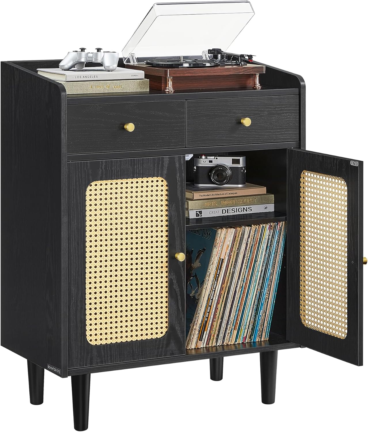 VASAGLE BOHOVEN Collection - Buffet Cabinet, Sideboard Storage Cabinet with Rattan-Like Doors and Drawers, Accent Cabinet, Adjustable Shelf, Boho Style, for Living Room, Ebony Black