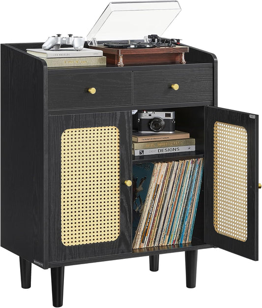 VASAGLE BOHOVEN Collection - Buffet Cabinet, Sideboard Storage Cabinet with Rattan-Like Doors and Drawers, Accent Cabinet, Adjustable Shelf, Boho Style, for Living Room, Ebony Black