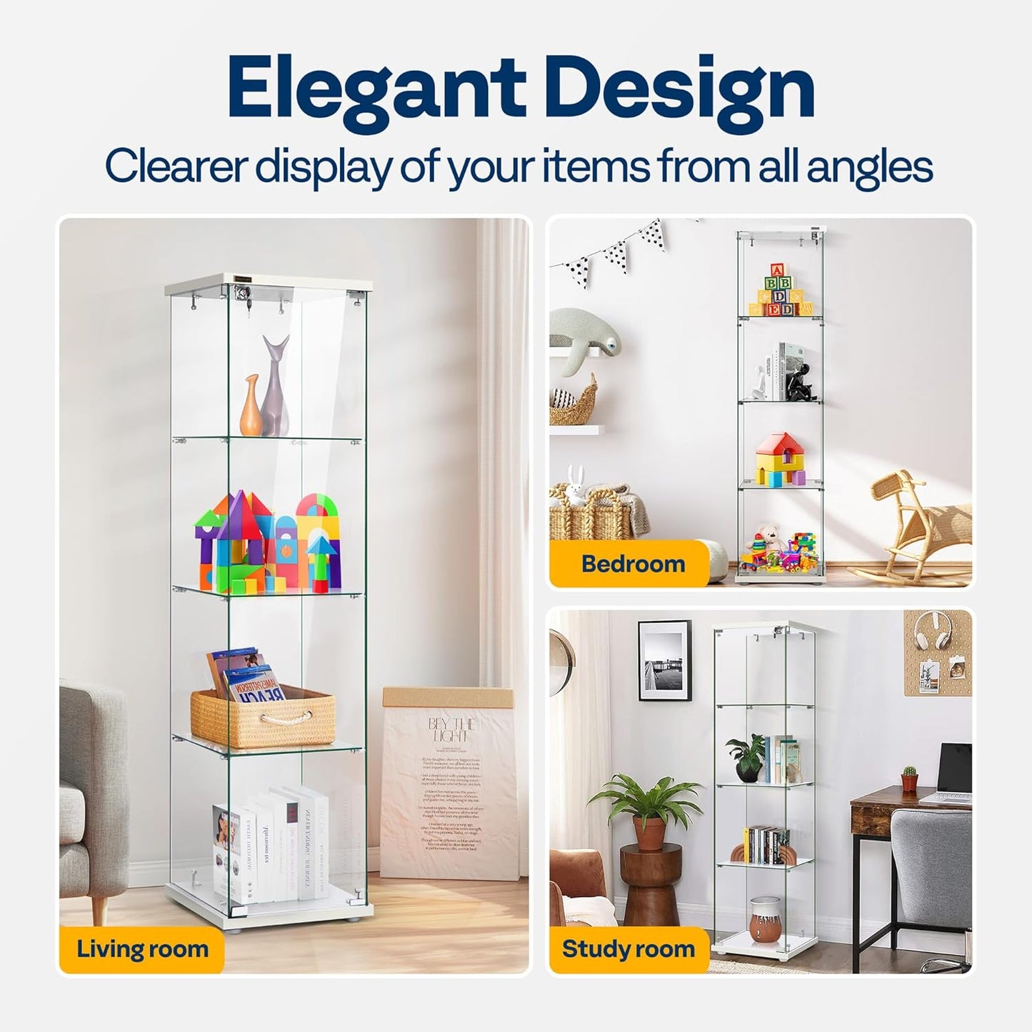 VIVOHOME 4 Layers 15.7''W x 15.7''D x 62.6''H Glass Display Cabinet Countertop Showcase with Lock, 5mm Tempered Glass 25mm MDF Base