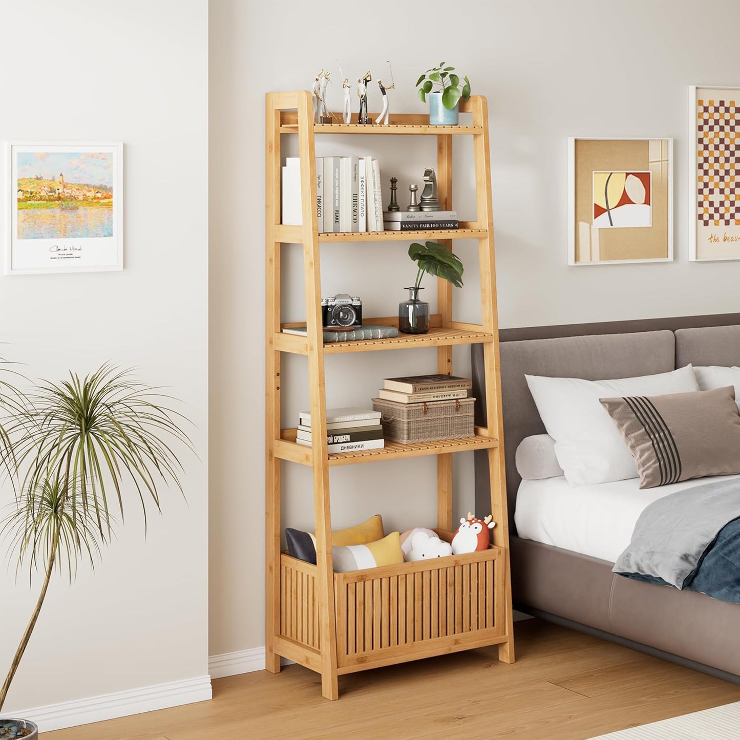 Bamjoy Bamboo Ladder Shelf, Bookshelf with 4 Display Shelves and 1 Open Storage Basket, Multifunctional Storage Rack Organizer for Home Office, Bedroom, Living Room, 66” H Natural