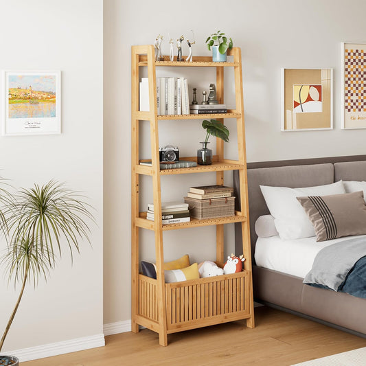 Bamjoy Bamboo Ladder Shelf, Bookshelf with 4 Display Shelves and 1 Open Storage Basket, Multifunctional Storage Rack Organizer for Home Office, Bedroom, Living Room, 66” H Natural