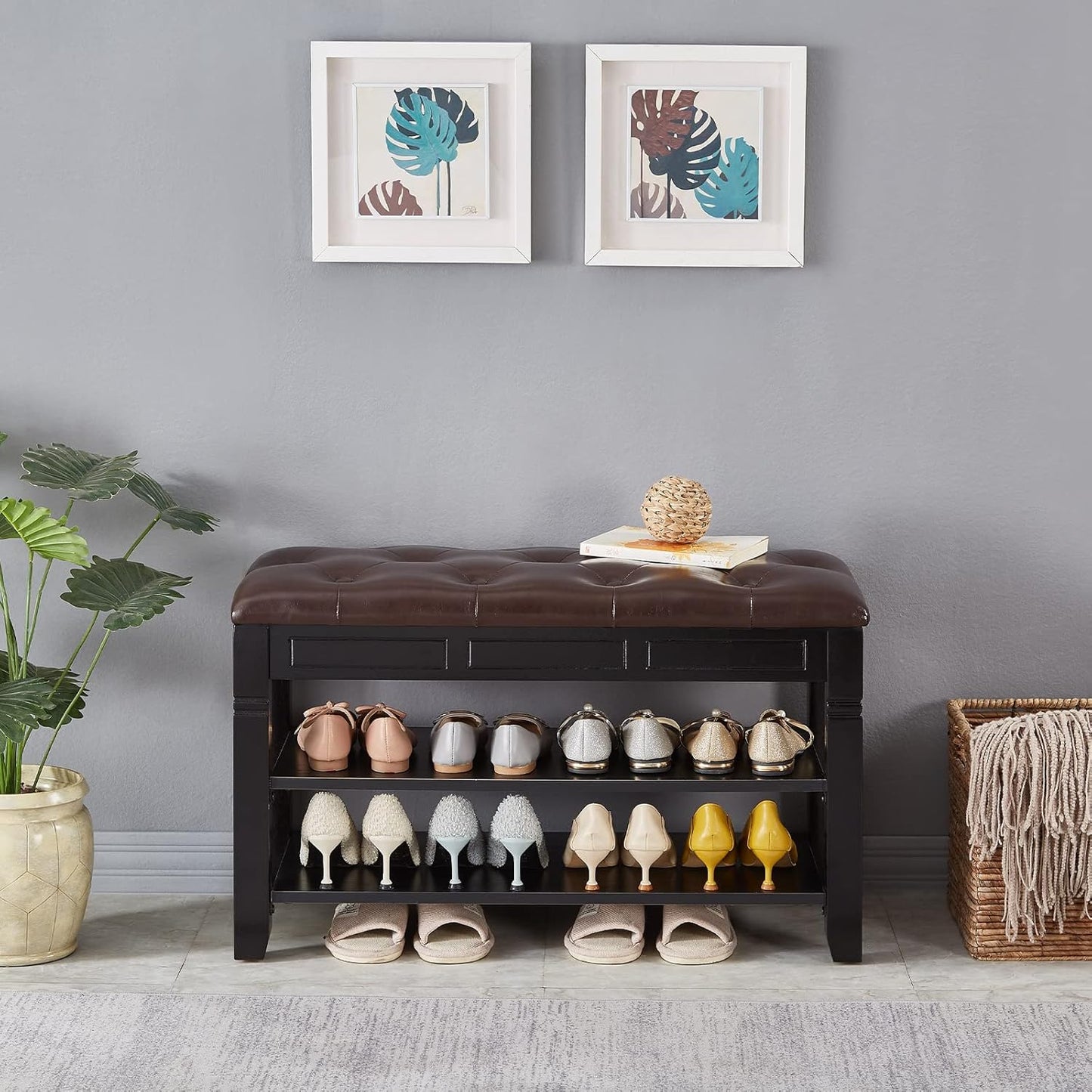 Shoe Storage Bench, Entryway Shoe Rack with Fiberleather Seat 2-Tier Lift Top Organizer Wooden Shoe Bench for Entryway Hallway Living Room (Black 31.5x13.8x18.9'')