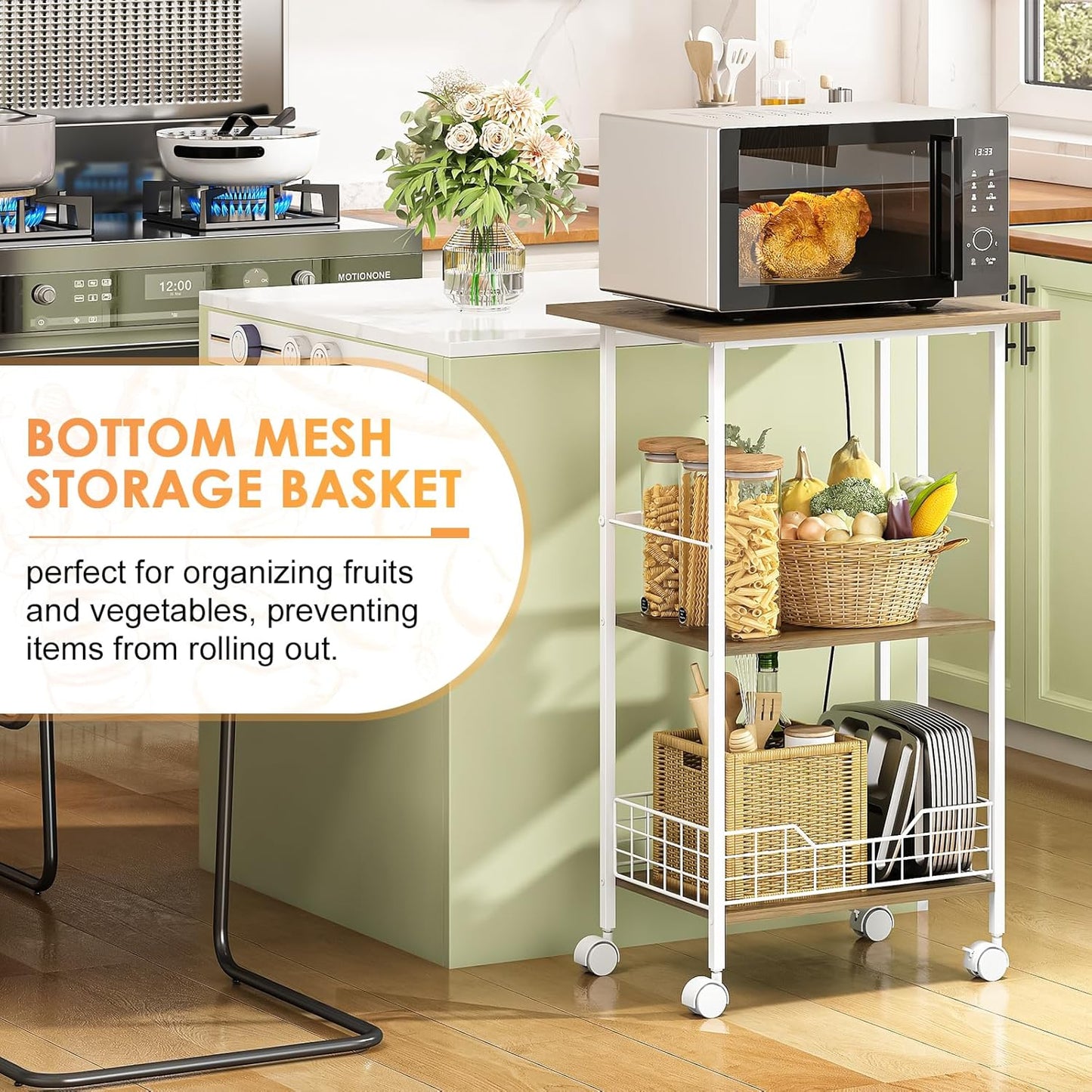 Microwave Cart with Storage, 3-Tier Rolling Kitchen Stand with Basket, Wood and Metal Utility Cart on Wheels, Coffee Bar Station, Small Baker’s Rack As Kitchen Island, Microwave Shelf Organizer, White