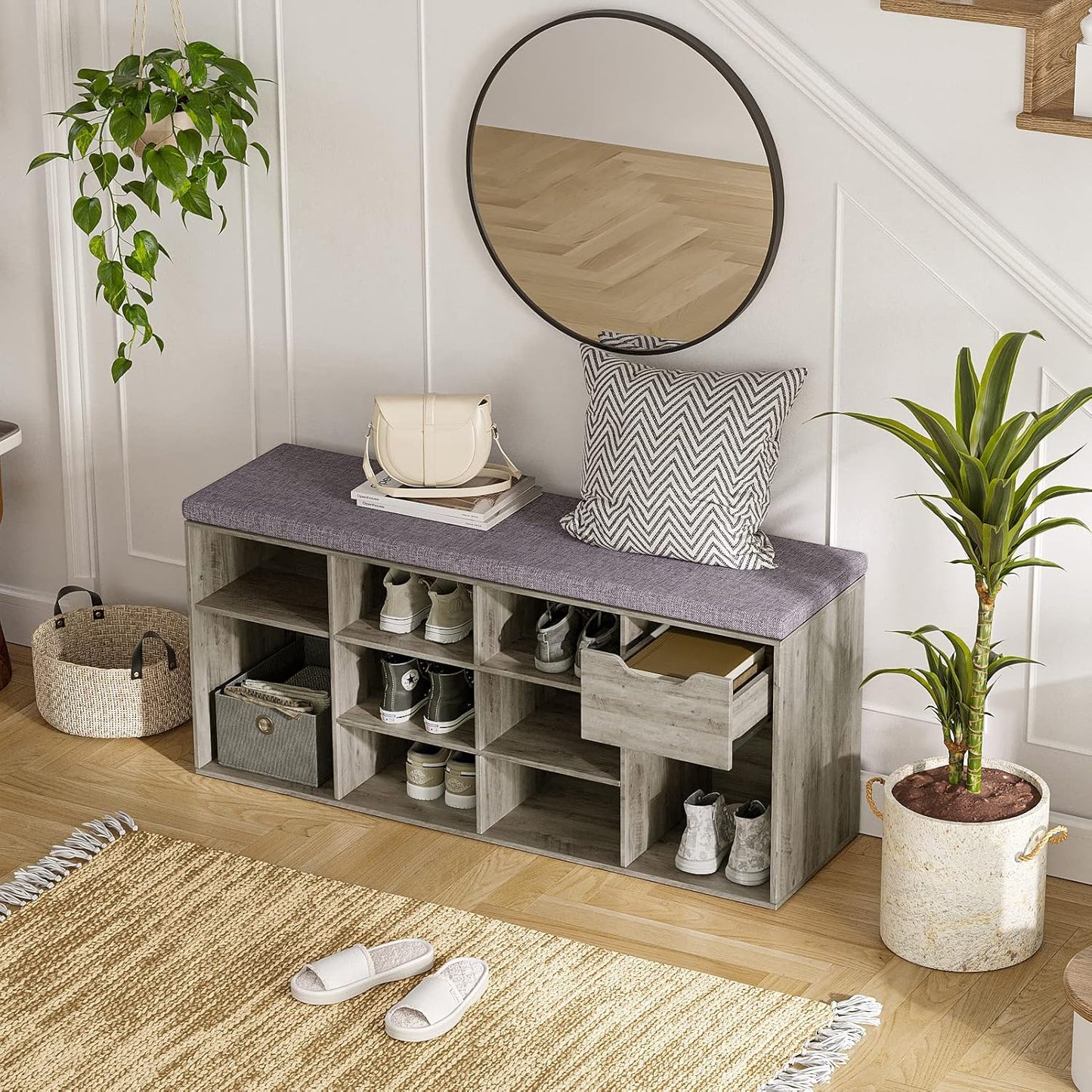 DINZI LVJ Shoe Bench, Entryway Storage Bench with Drawer and 11 Cubbies, Cubby Shoe Rack with Adjustable Shelves, Organizer Cabinet for Living Room, Mudroom, Closet and Garage, Gray Wash