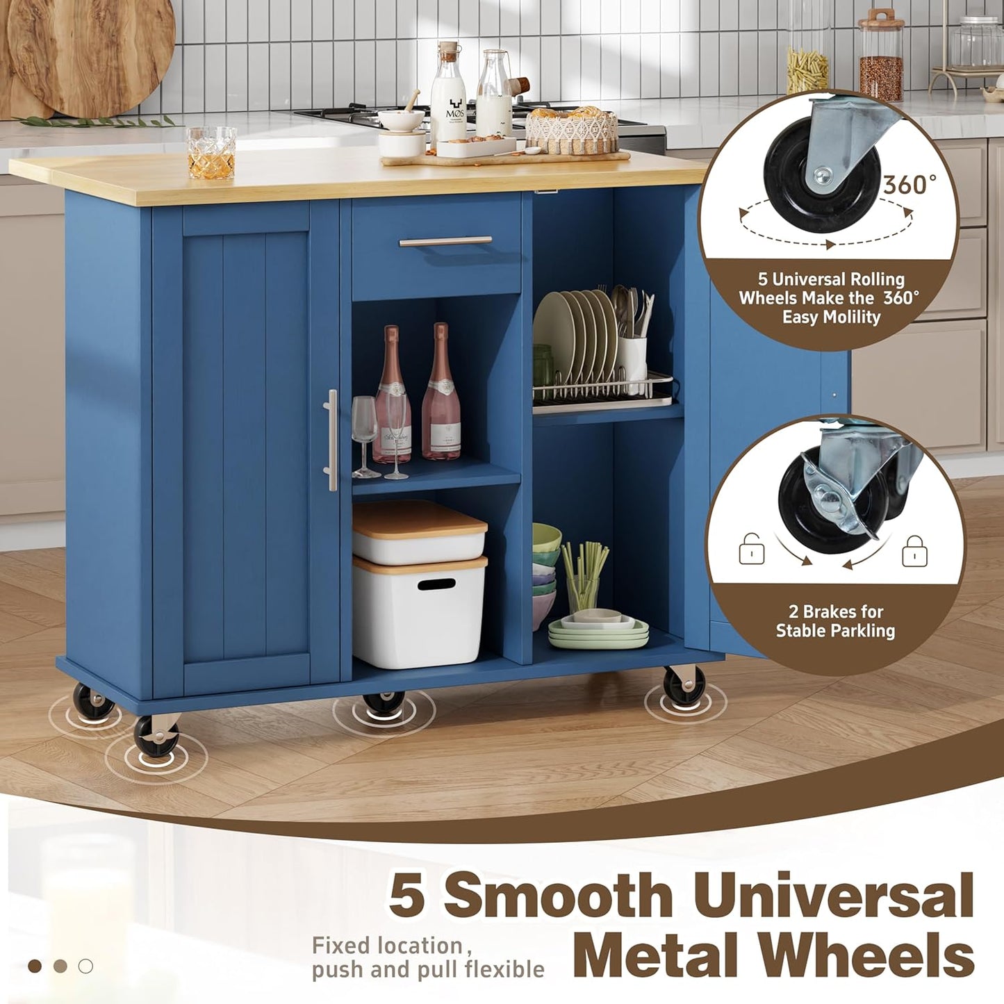 Shintenchi Kitchen Island with Storage, Bar Cart Cabinet Island Table on Wheels, Rolling Microwave Cart for Kitchen with Drop Leaf, Drawers, Towel Rack, Seating Area for Dining Room, Blue