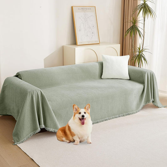 MYSKY HOME Easy Fitted Couch Cover for Dogs - Stain Resistant Sage Sofa Cover for 2 Cushion Loveseat - Multi-Use Sectional Universal Tassel Throw 91"X 118"