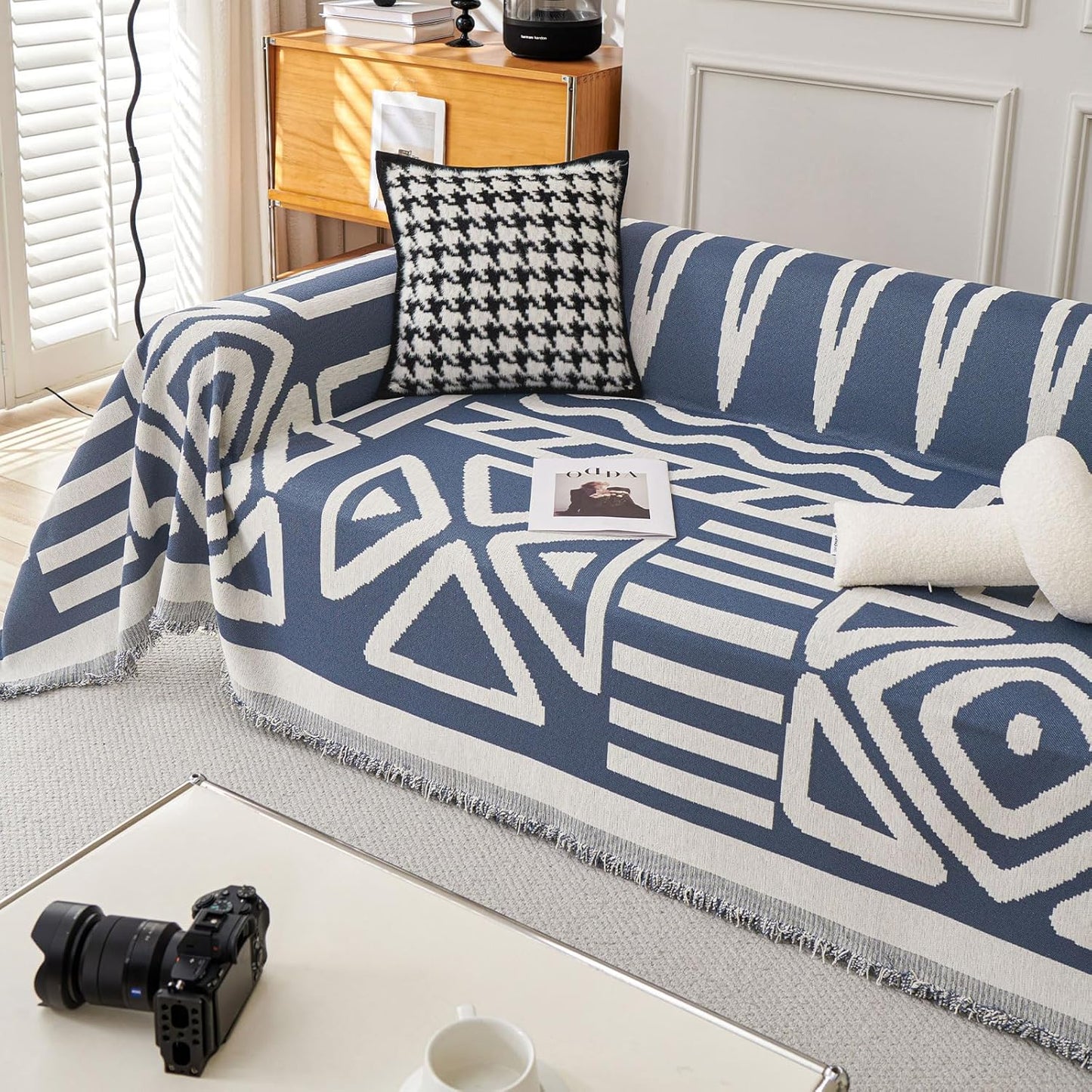 STACYPIK Jacquard Blue Geometric Sofa Cover Thick Soft Boho Couch Covers for 1 Cushion Couch Dogs Cats Furniture Protector Cover Reversible Armchair Cover for Pets Dog Cat Sofa Throw Cover-71X71IN