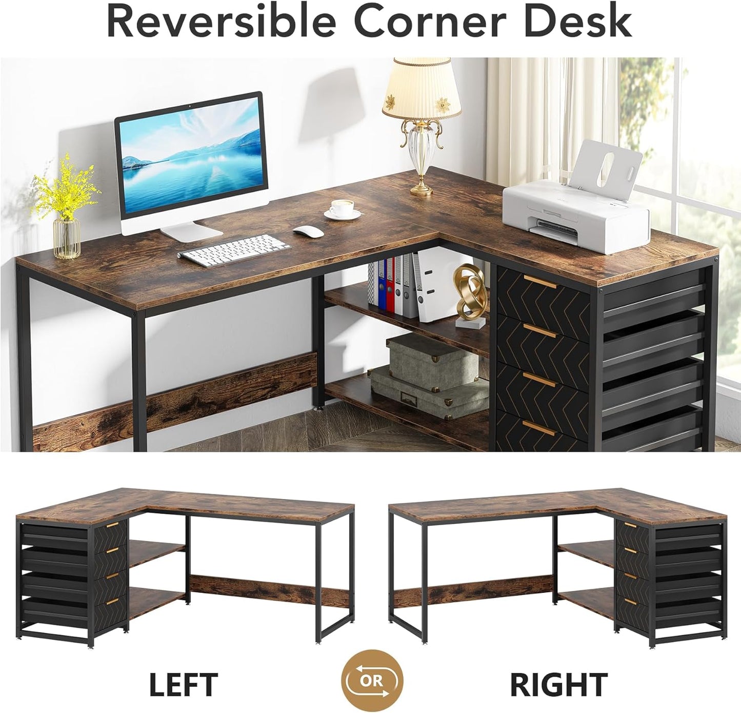 LITTLE TREE 59-Inch L Shaped Desk with Drawers, Large Computer Desk with Storage Shelves, Reversible L-Shaped Corner Desk Workstation for Home Office