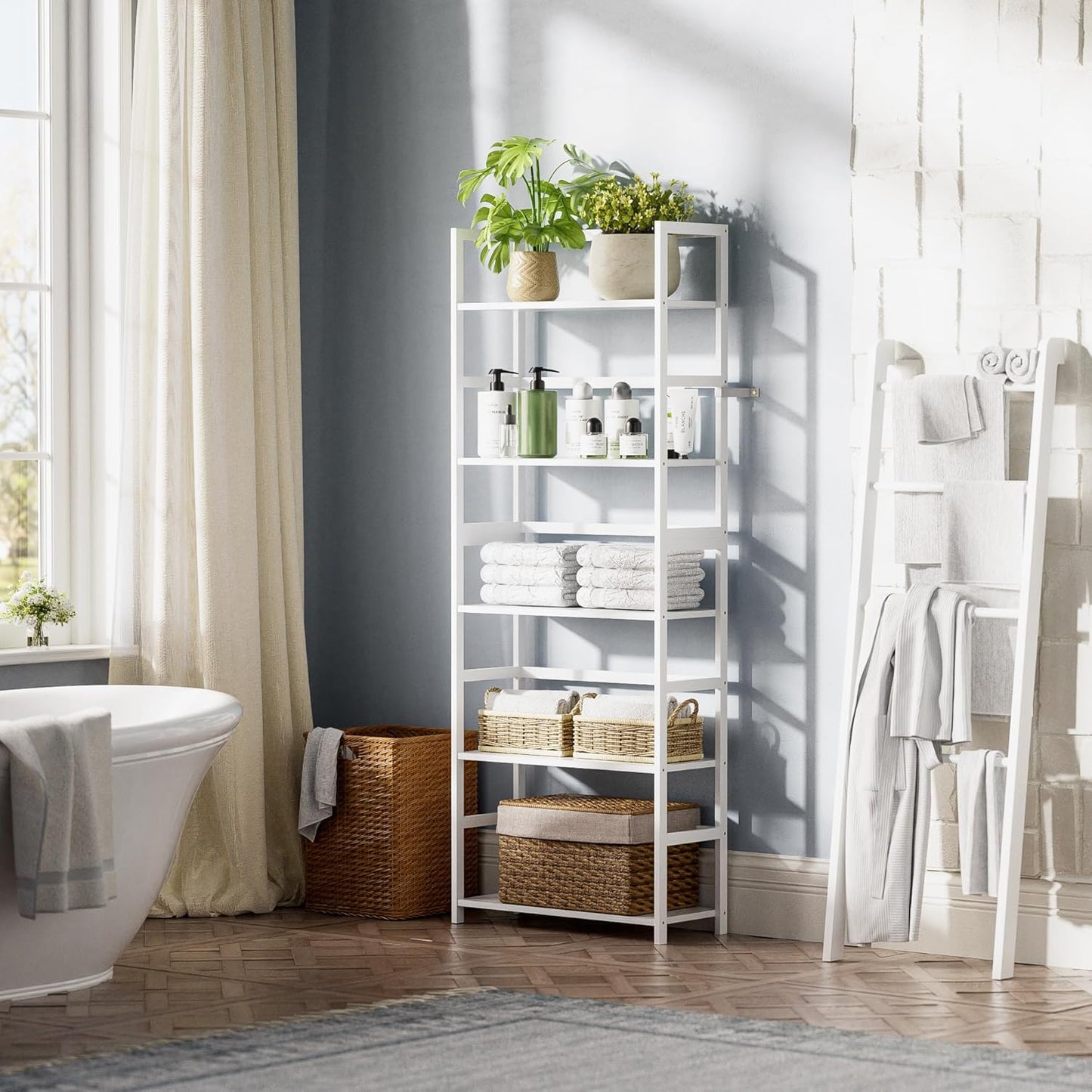 5-Tier Bookshelf, Industrial Bookcase with Bamboo Frame, Modern Display Standing Shelf Unit, Tall Wood Storage Organizer for Living Room, Home Office, White