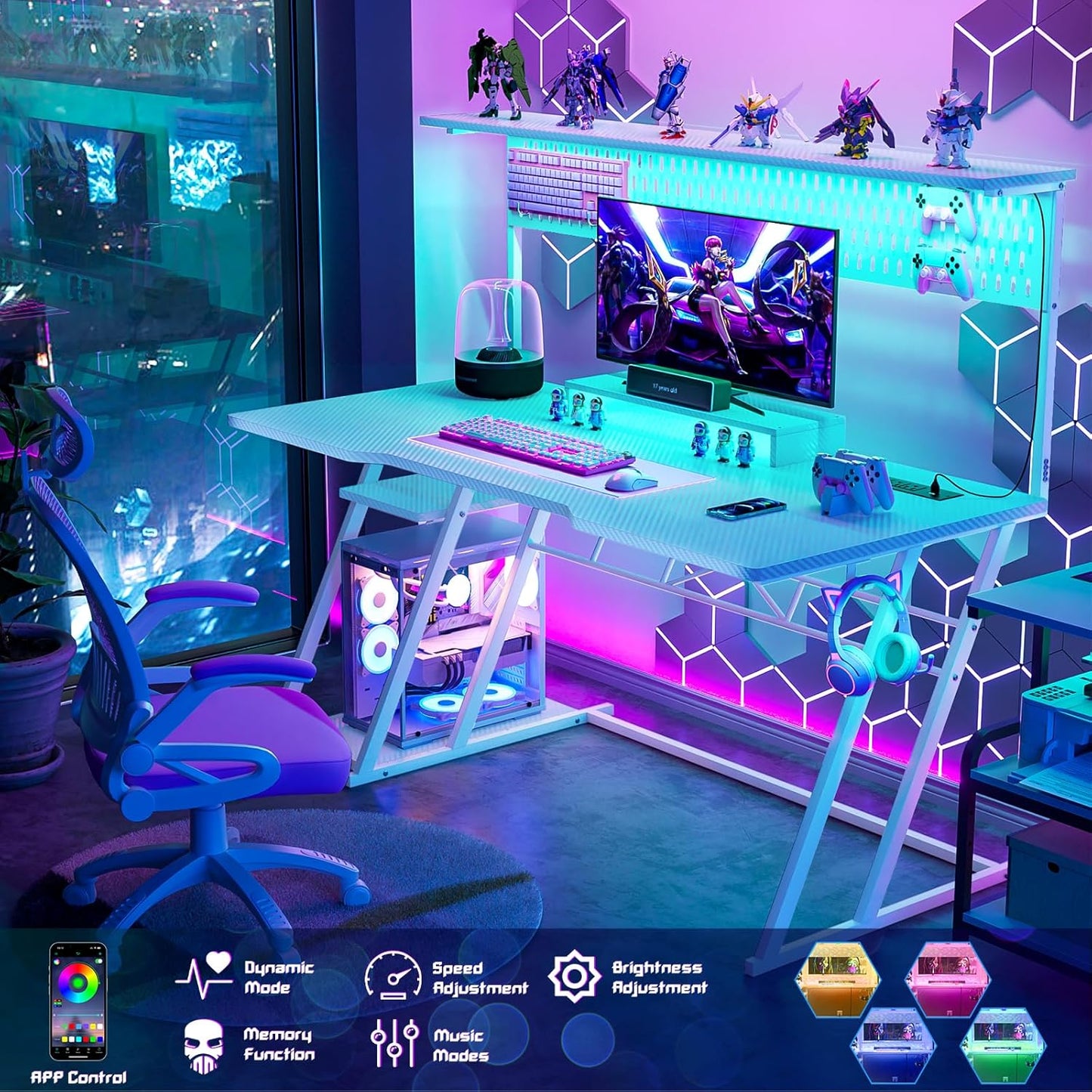 Armocity 53'' White Gaming Desk with Hutch and LED Lights, Gaming Computer Desk with Storage Shelves & Z-Shaped Legs, Reversible PC Game Desk with Pegboard for Bedroom, Carbon Fiber Surface