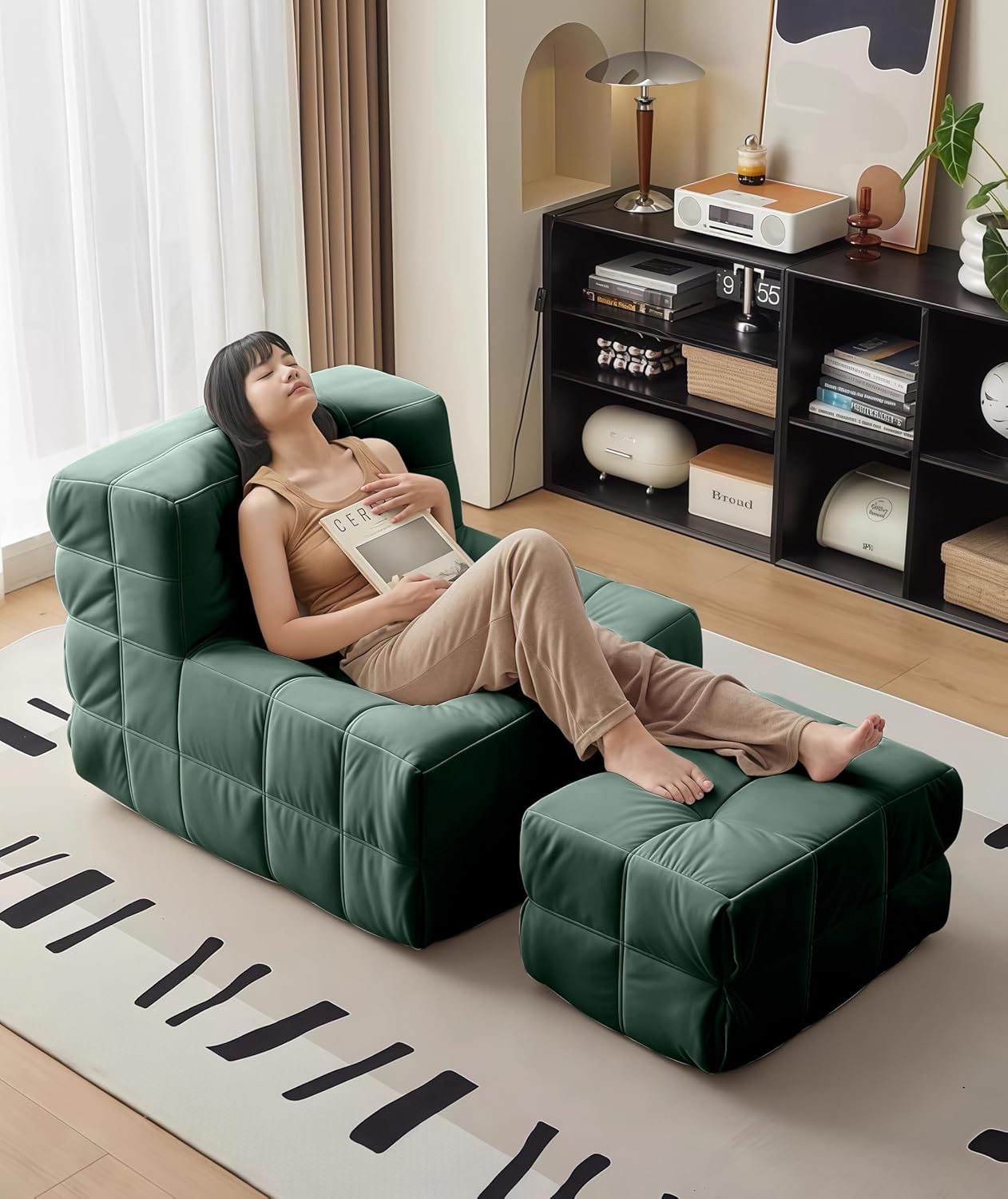 Bean Bag Chair - Memory Foam Bean Bag Chair for Adults, Comfy High-Resilience Single Sofa, Small Space Floor Chair, Chaise Lounge for Living Room, Bedroom (Dark Green, Square+Ottoman)