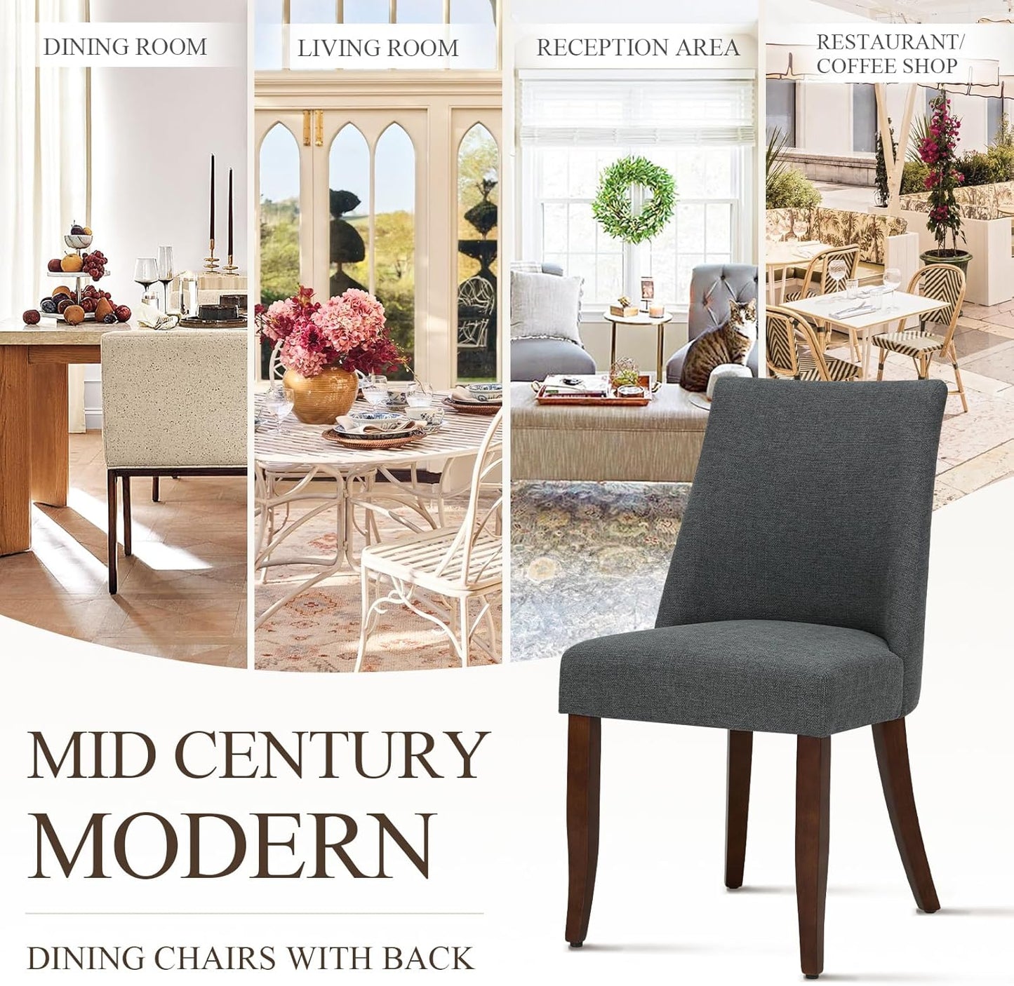 COLAMY Upholstered Dining Chairs Set of 4, Mid Century Modern Kitchen Chairs with Back, Farmhouse Fabric Side Dining Room Chairs with Wood Legs for Dining Room Restaurant, Dark Grey