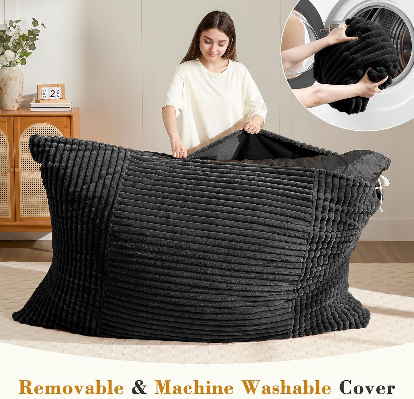 3-in-1 Giant Bean Bag Chair for Adults & Kid, Convertible Floor Sofa to Mattress, High-Density Foam Chair Bed with Washable Cover, Multi Functional Lounge Couch for Bedroom, Living Room (Black)