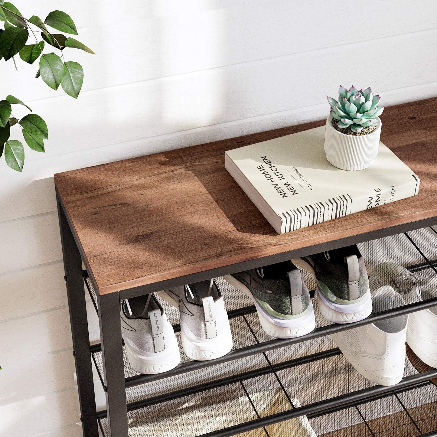 VASAGLE INDESTIC Shoe Rack, Shoe Organizer for Closet with 4 Mesh Shelves and Large Top for Bags, Entryway Hallway Shoe Shelf, Steel Frame, Industrial, Hazelnut Brown and Black ULBS015B03