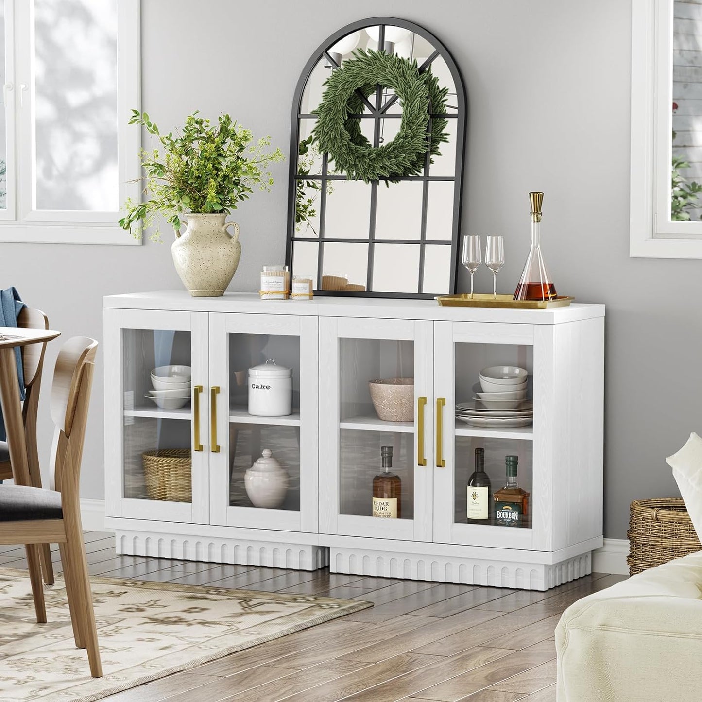 Buffet Cabinet with Storage, Sideboard Buffet with Glass Doors, Cupboard Console Table Accent Cabinet for Hallway, Entry, Kitchen, Living Room, Dining Room, Montauk White