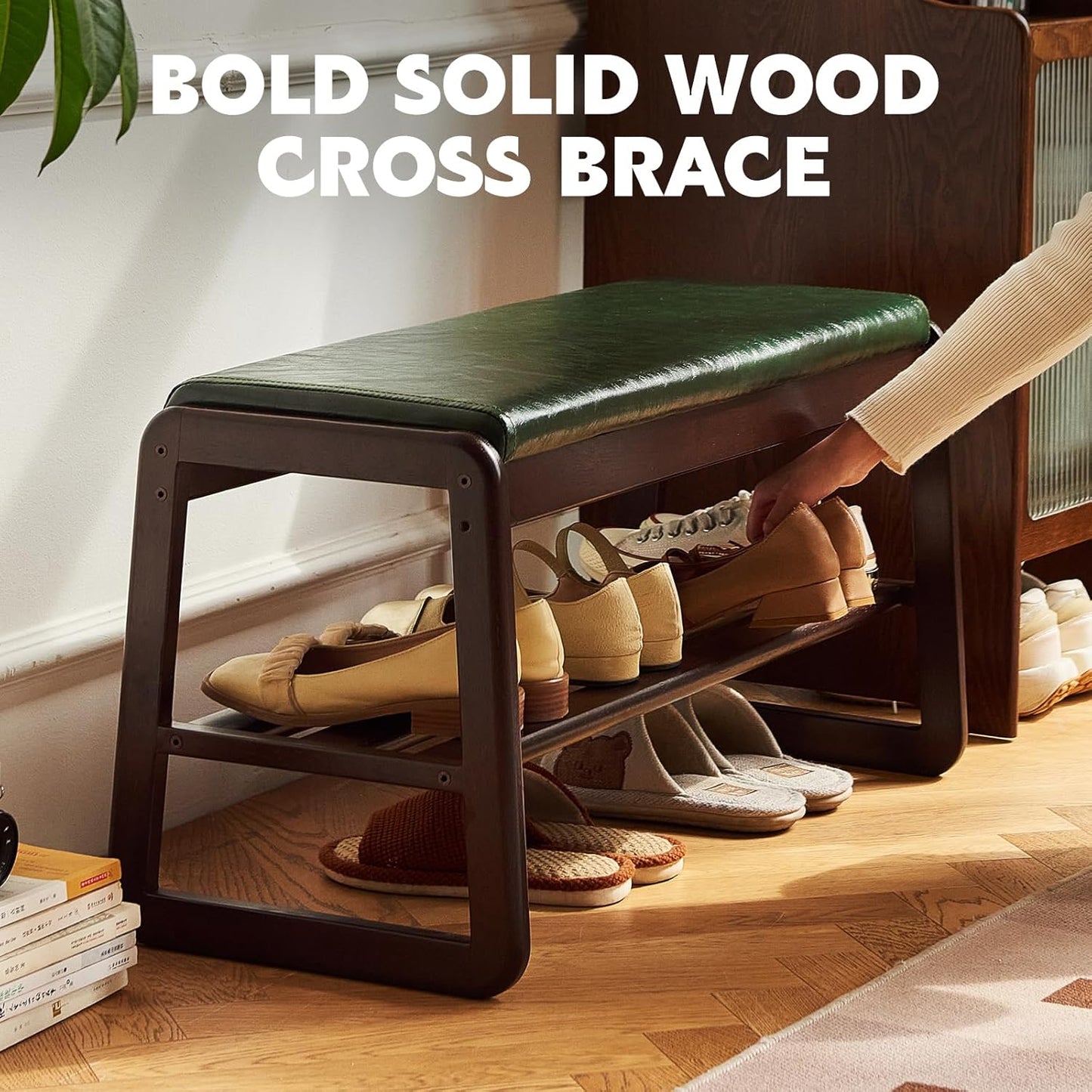 Solid Wood Shoe Bench, 2-Tier Wooden Storage Entryway Bench, Small Storage Bench Entryway Bench, Mid-Century Modern Bedside Bench with Faux Leather Cushion for Dining Room Living Room, Walnut 21.65''