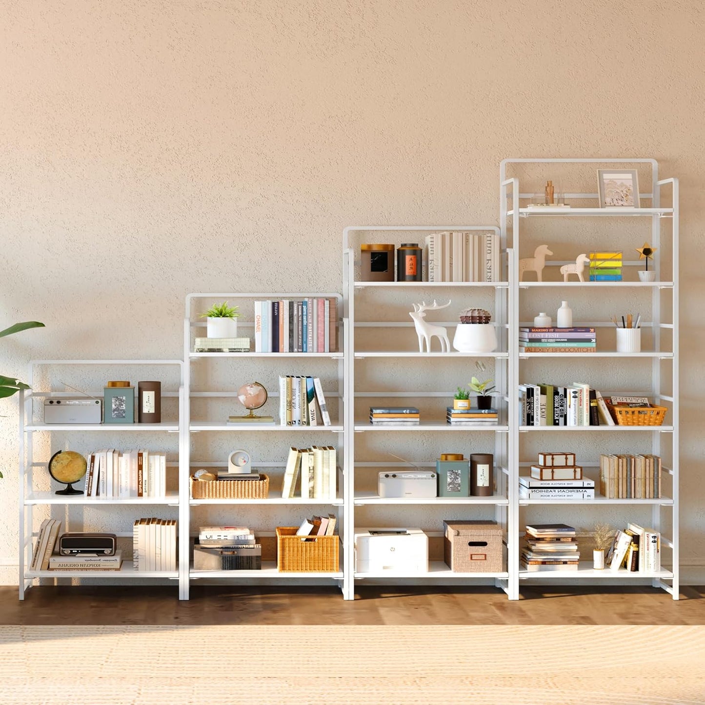 4NM No-Assembly 6 Tiers Folding Bookshelf Storage Shelves Vintage Bookcase Standing Racks Study Organizer Home Office (All White)