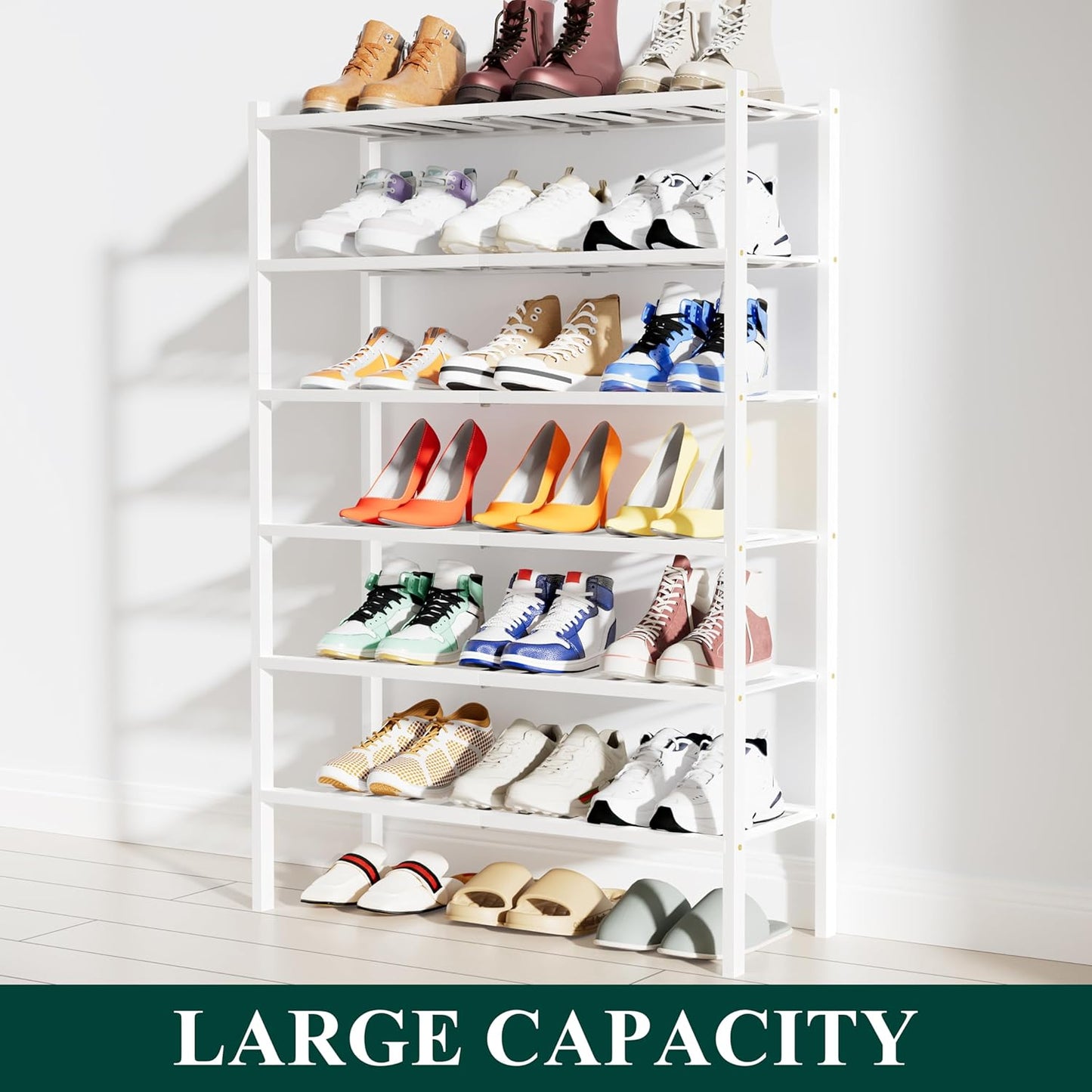 Smiry Shoe Rack, 6 Tier Bamboo Shoe Organizer, Stackable Free Standing Wooden Shoe Storage Shelf for Closet, Entryway, Front Door Entrance, White