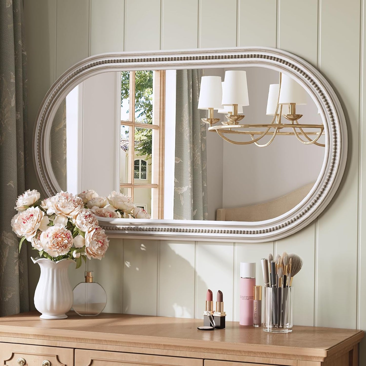 Farmhouse Oval Mirror Boho, 20" x 36" Antique Oval Bathroom Mirrors, Wooden Rustic Decorative Wall Mirror with Beaded for Bedroom, Living Room, Hallway, Vertical or Horizontal Hanging