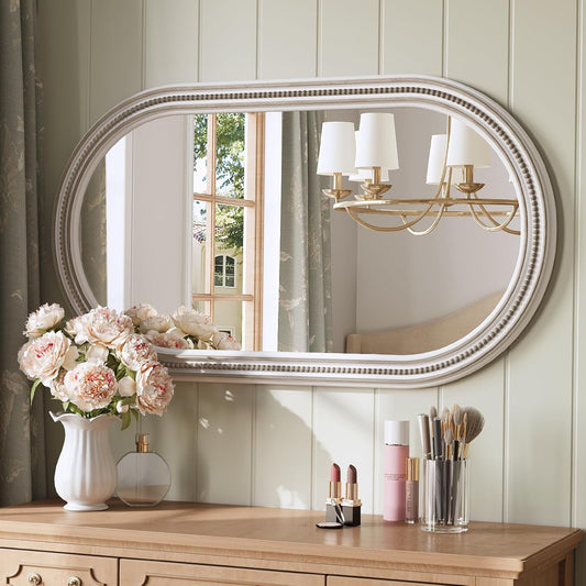 Farmhouse Oval Mirror Boho, 20" x 36" Antique Oval Bathroom Mirrors, Wooden Rustic Decorative Wall Mirror with Beaded for Bedroom, Living Room, Hallway, Vertical or Horizontal Hanging