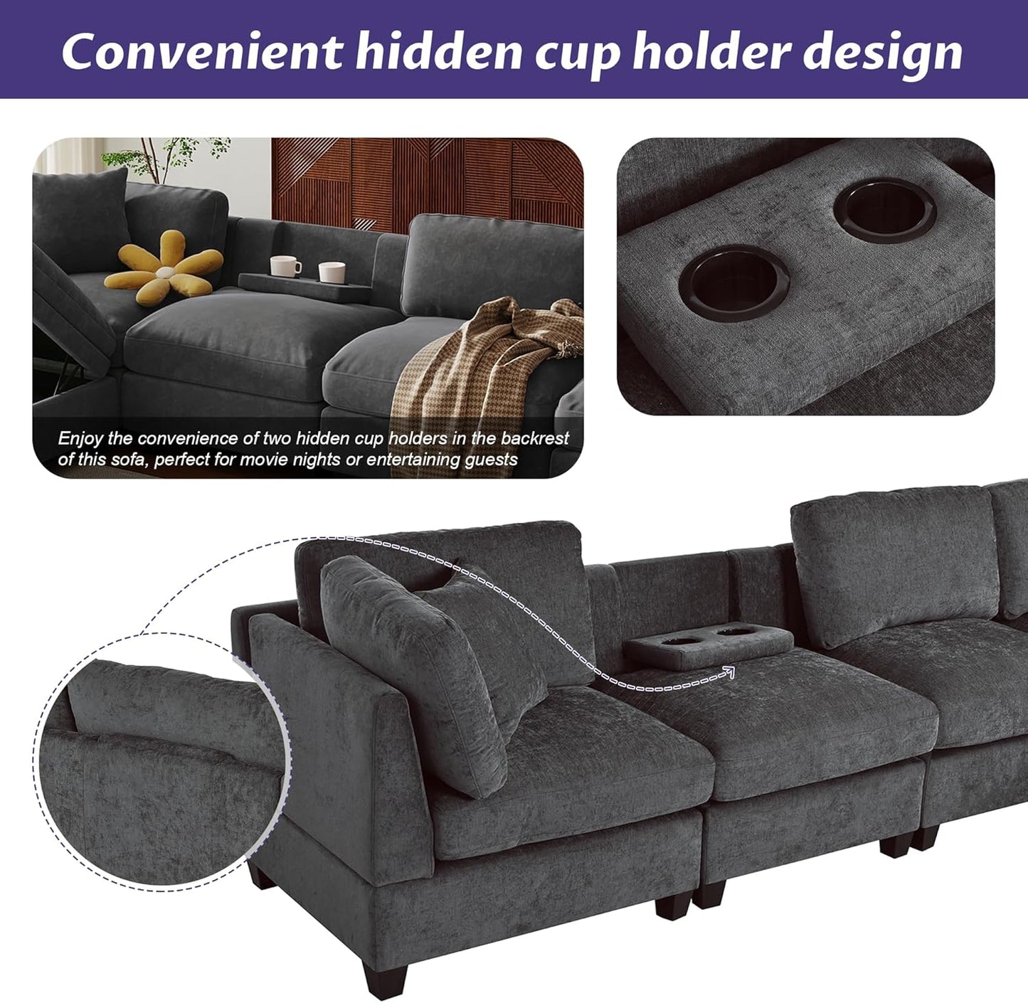 127.6 Inch 5-Seat Modular Convertible Sectional Sofa with Removable Storage Ottoman and 2 Hidden Cupholder, L-Shaped Upholstery Corner Couch for Living Room Apartment Office, Grey