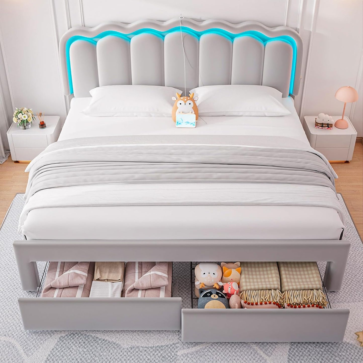 King Upholstered LED Bed Frame with 2 Storage Drawers and Adjustable Chic Double Wavy Headboard, Velvet Princes Platform Bed with Charing Station, Solid Wood Slats Support, No Box Spring Needed, Grey