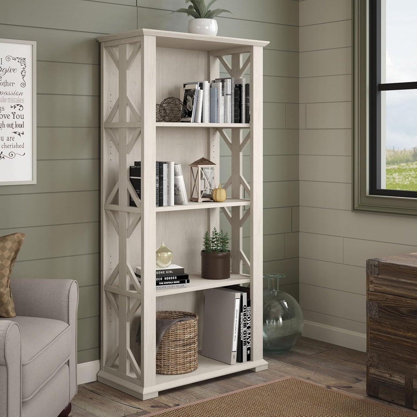 Bush Furniture Homestead 4 Shelf Farmhouse Bookcase in Linen White Oak, Vertical Office Organizer, Home Shelving Unit for Books and Decor, Bookshelf