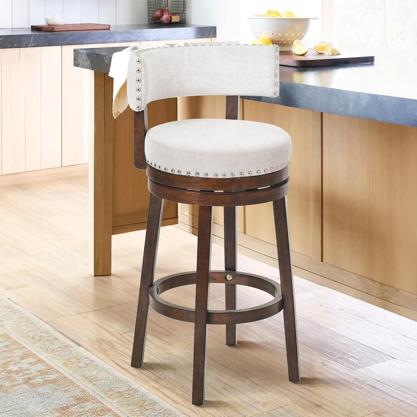 COLAMY Swivel Bar Stool, Swivel Bar Height Bar Stool, Modern Swivel Barstool with Back, Upholstered Wood Barstool for Kitchen Island Dining Room Bar, Beige, FM-4840-30-Beige-F