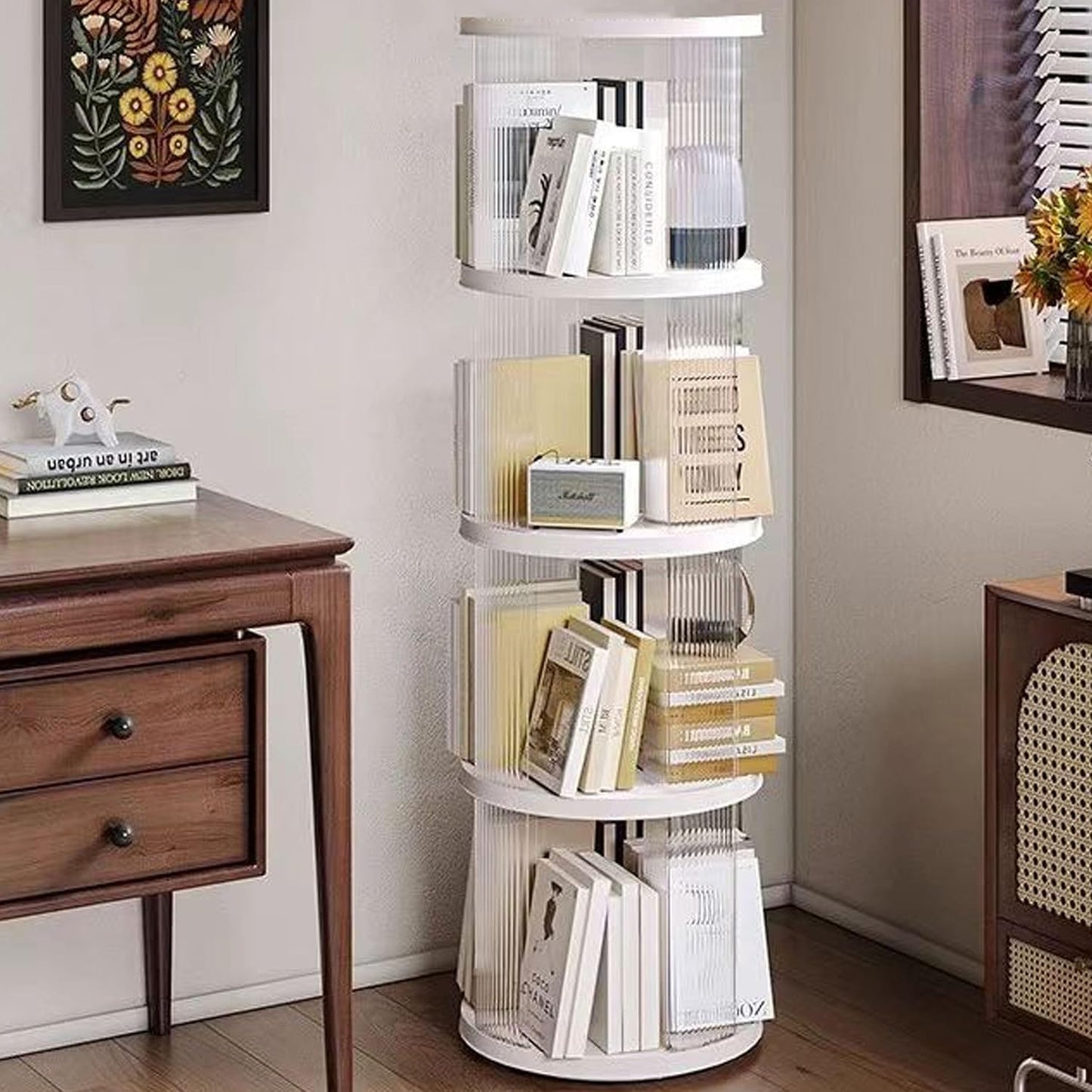 4 Tier Rotating Bookshelf Tower,360 Display Rotating Bookshelf,53.4 inch High Small Space Revolving Bookcase, Home Office Spinning Bookshelf Tower(Round, White)